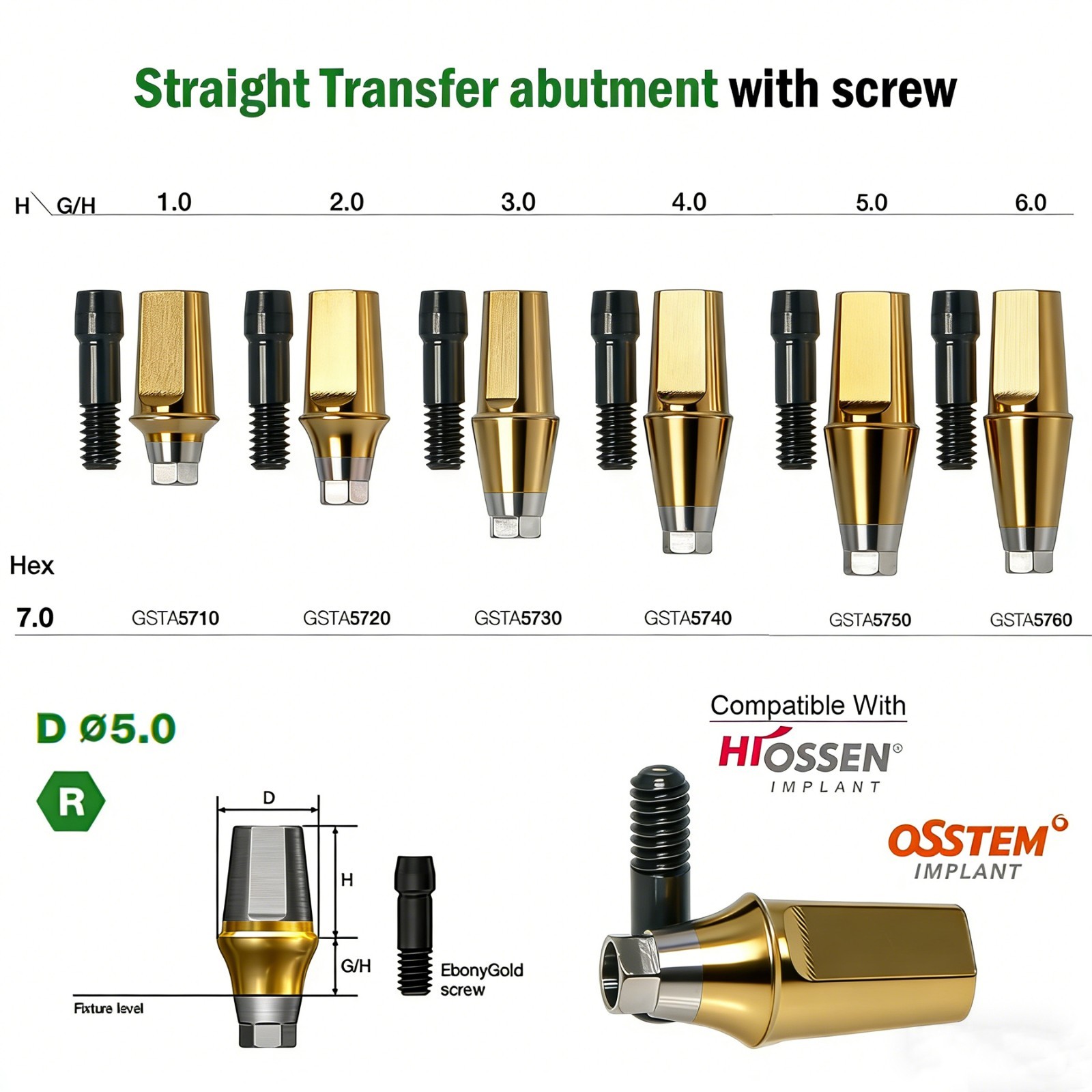 US Straight Transfer Abutment Regular Ø5.0 For Osstem Hiossen Hex 7.0mm Implants