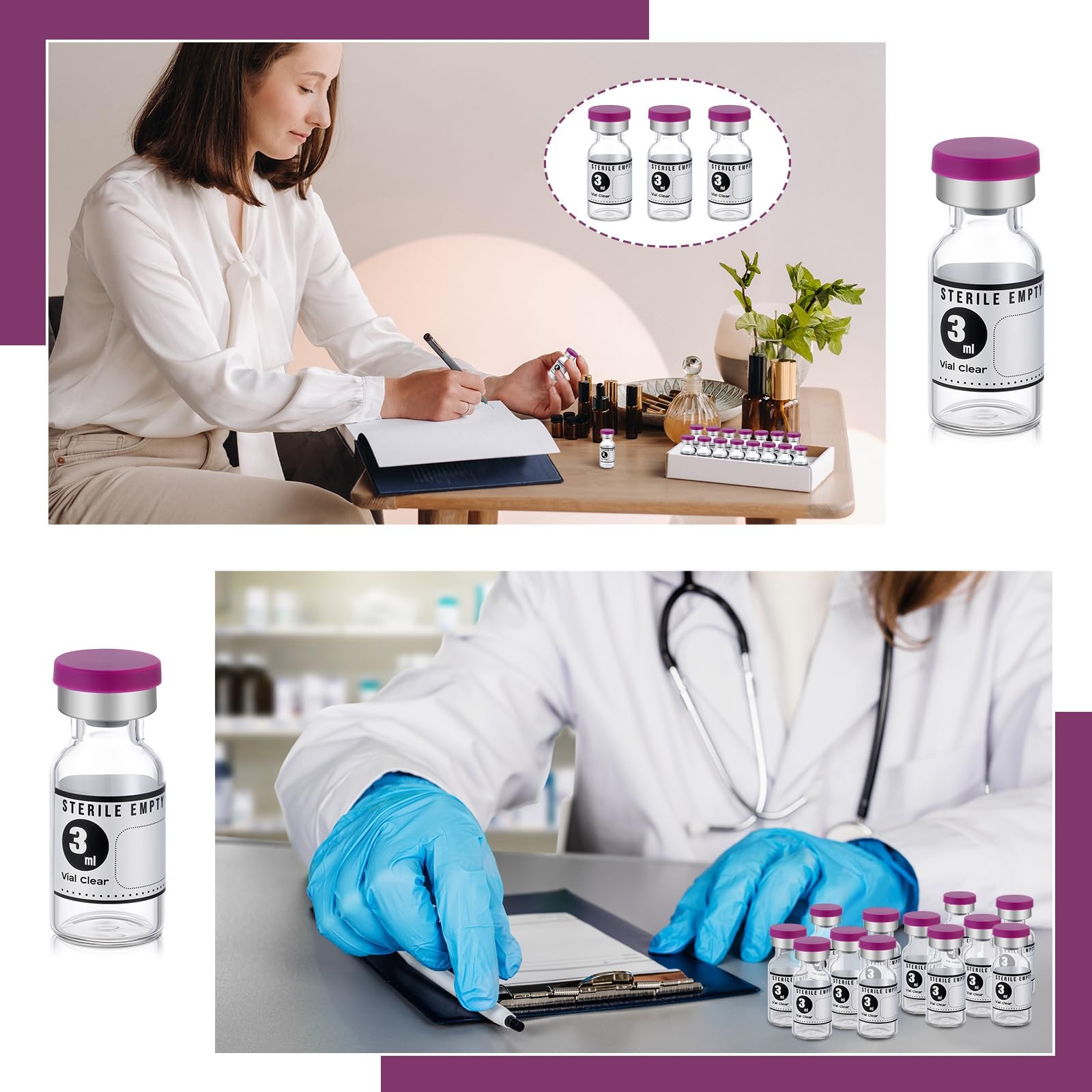 Threlaco 20 Pcs 3ml Sealed Sterile Empty Vials with Self Healing Purple