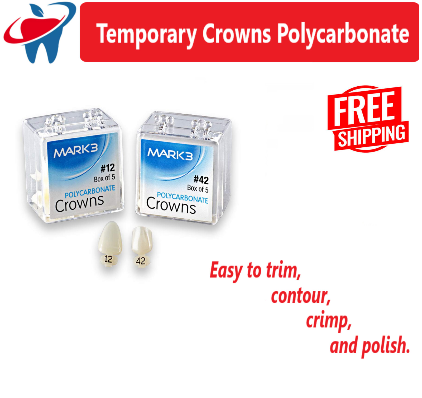 MARK3 Dental Temporary Polycarbonate Crowns All Sizes Swiss Made 5/Box