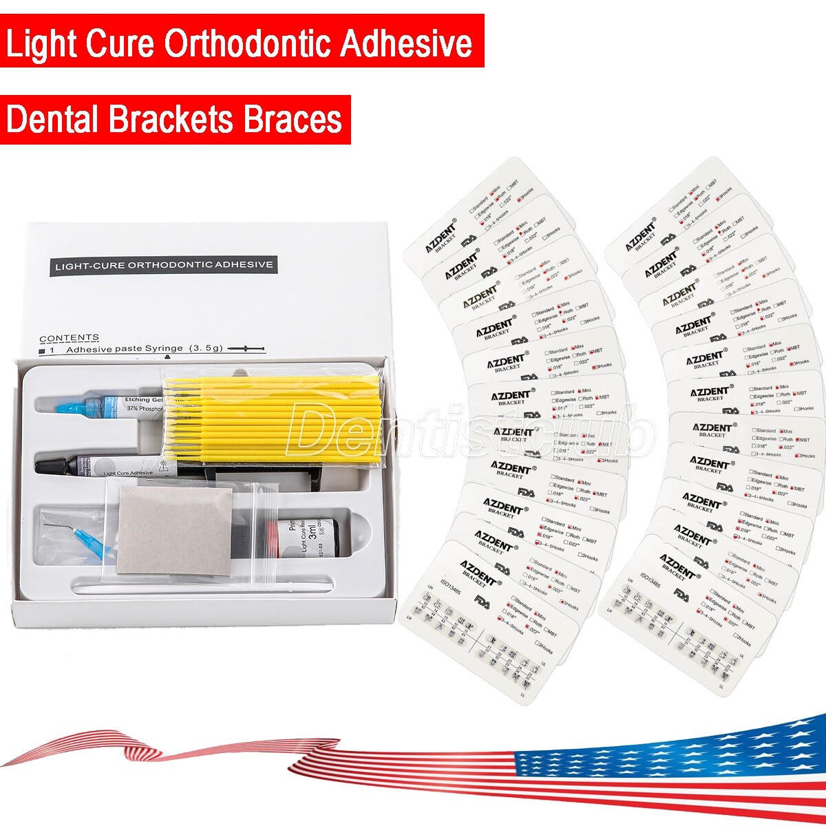 10XDental Orthodontic Brace Mini Roth.022 Hooks 345/Light Cure Brackets Adhesive
