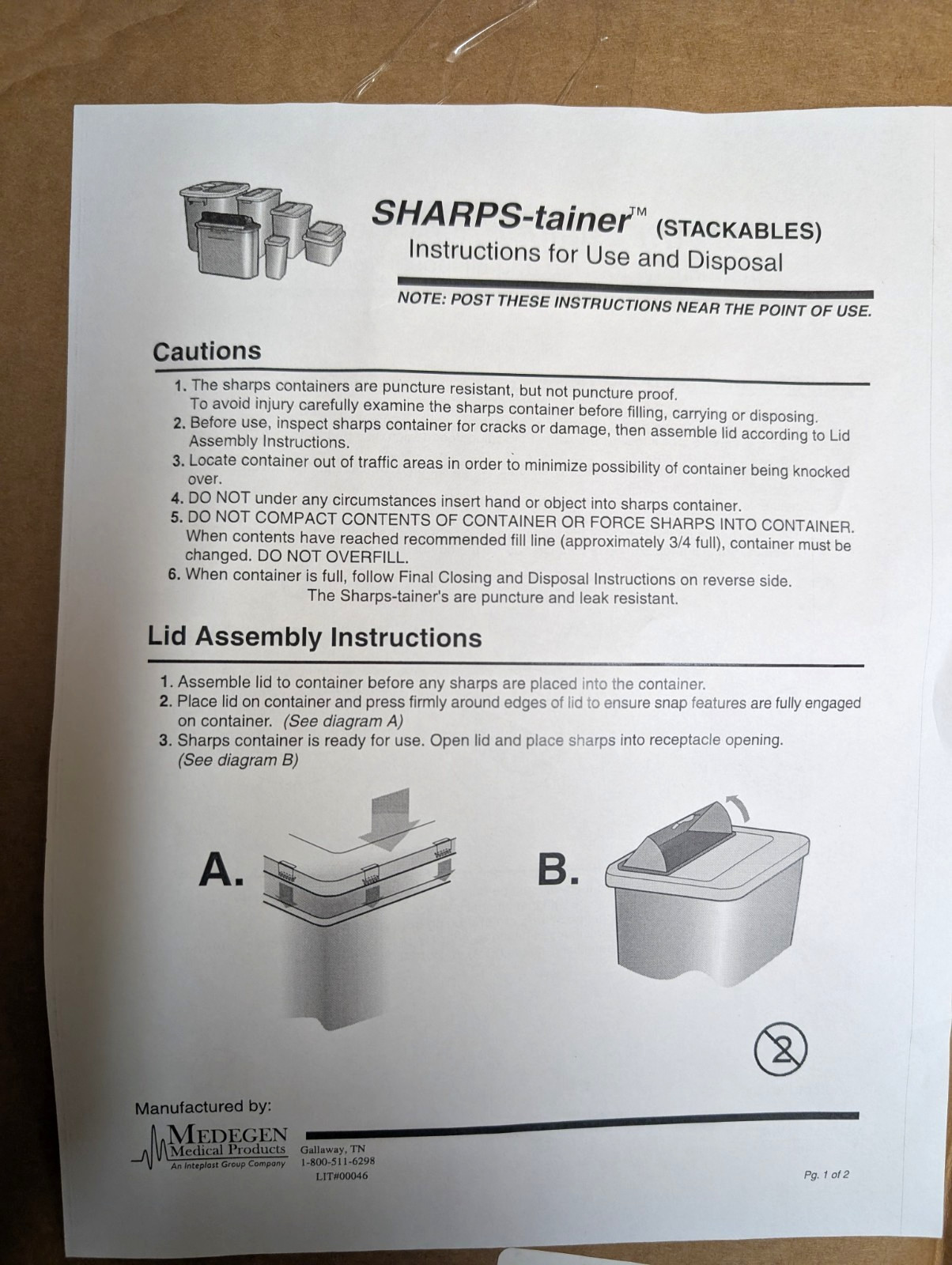 Medegen Stackable Biohazard Sharps Container, 2 Gallon Capacity Each- Case of 24