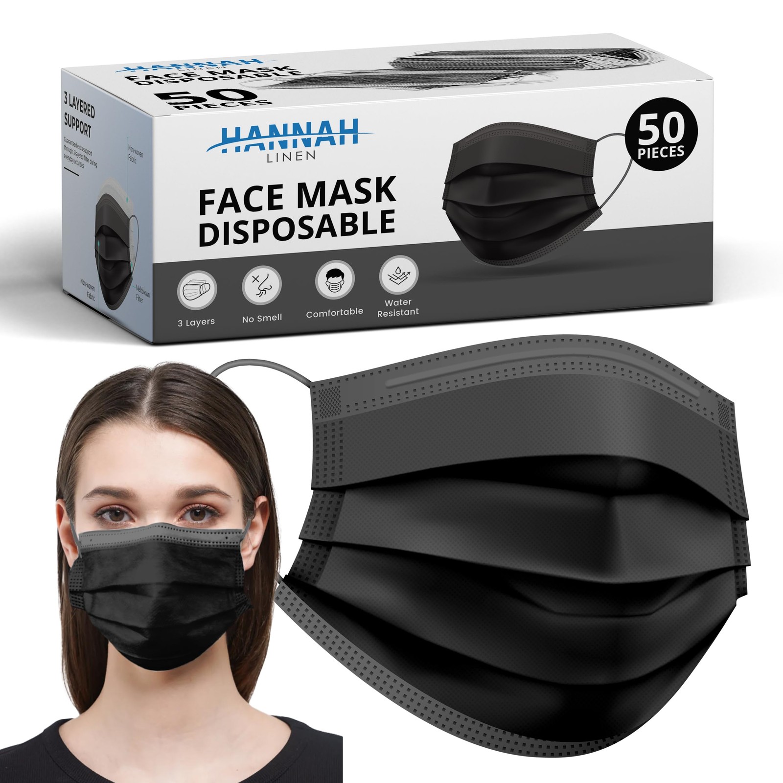Black Face Masks Disposable [50 PCS Value Pack] – 3 Ply Protection Safety Mas…