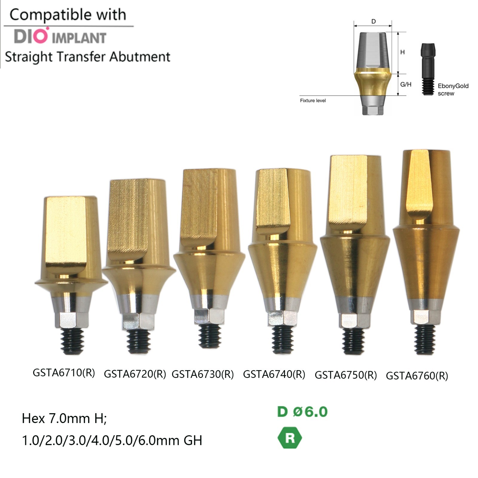 US Straight Abutment Internal Hex 7.0mm H W/Screw For DIO UFII Regular Implants