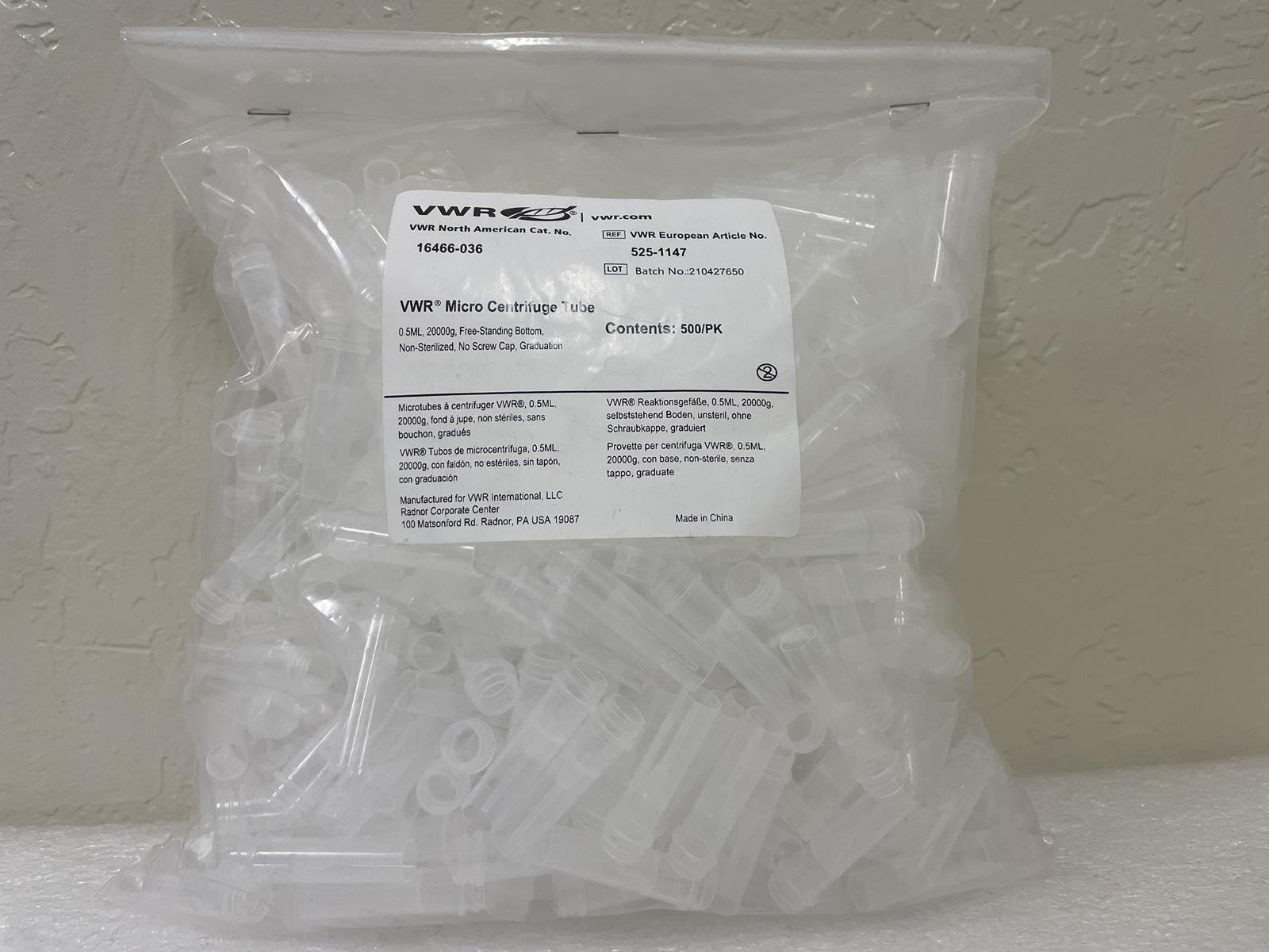 VWR 525-1147 MICRO CENTRIFUGE TUBE 0.5ML, 20000G, FREE-STANDING BOTTOM, NO CAP