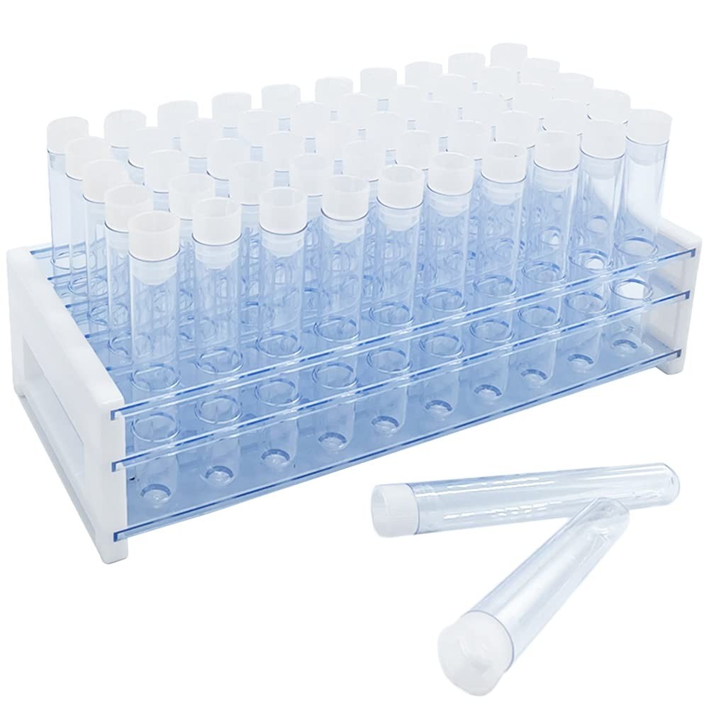 50Pcs Clear Plastic Test Tubes with Rack,16 X 100Mm Tube with Caps and 50 Holes