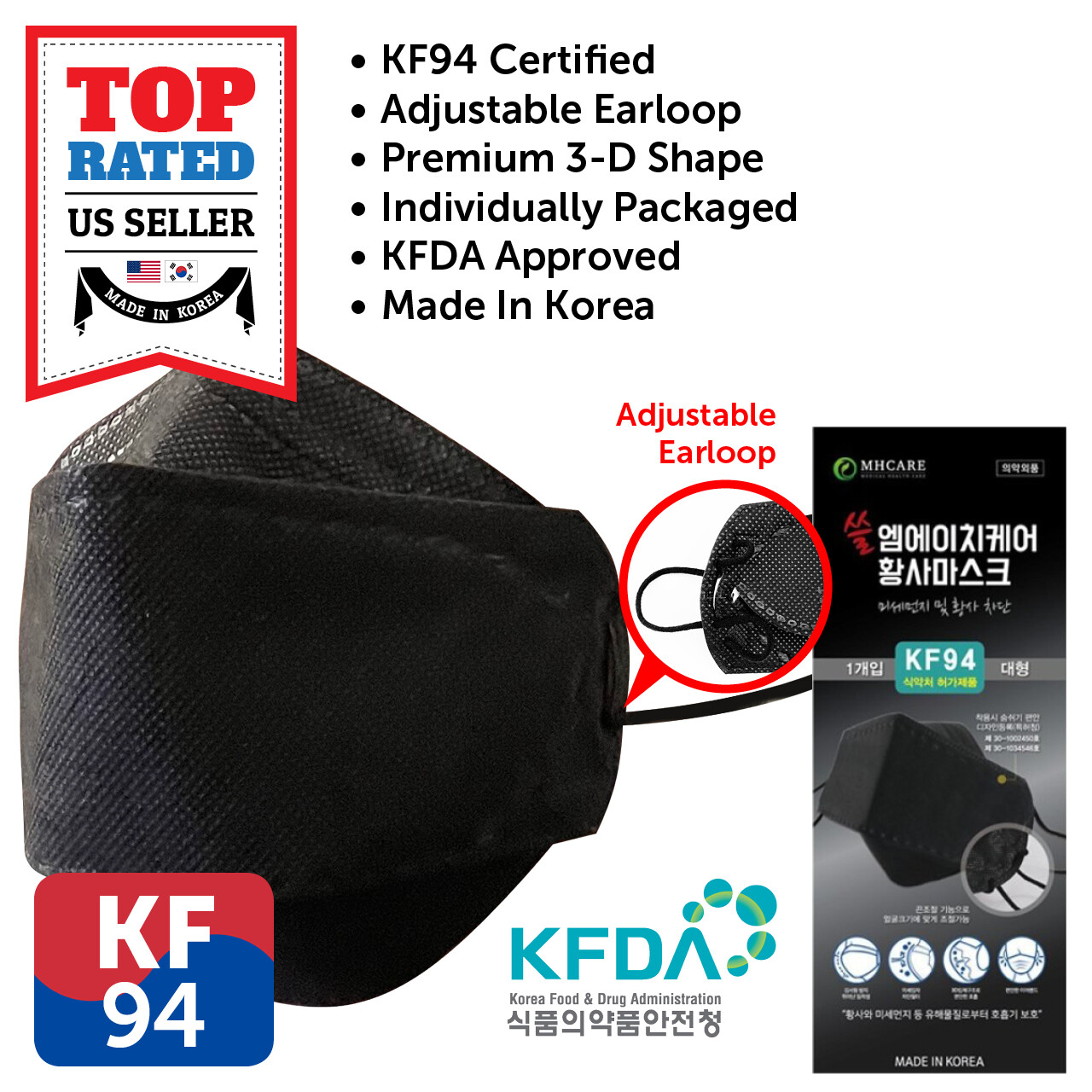 2 PCS KF94 BLACK Protective Face Mask Adult Made in Korea KFDA Approved HMCARE