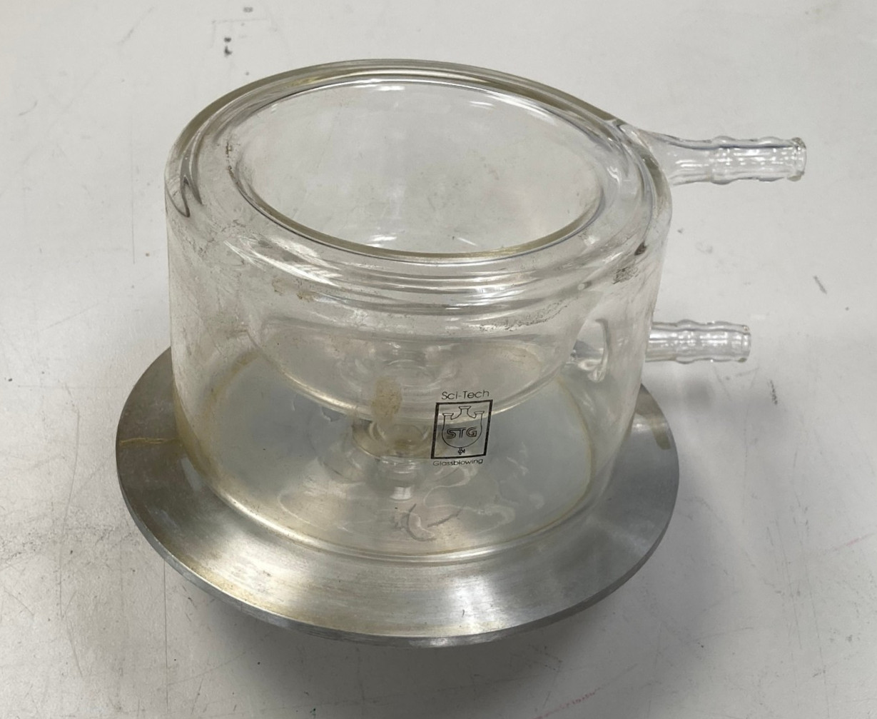 2 jacketed glass beakers with conical bottoms, bottom ports, mounting plates