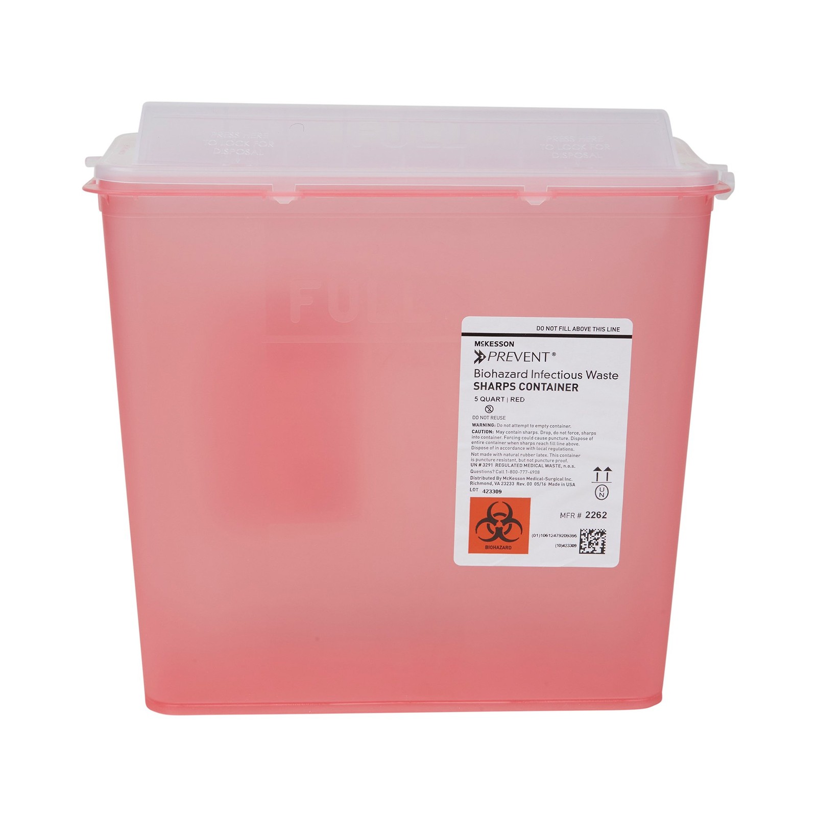 McKesson Prevent Red Sharps Container 1.25Gal 10.75×10.5×4.75″ Each