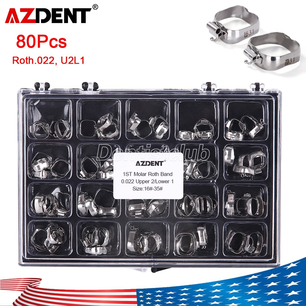 AZDENT Dental Orthodontic 1st Molar Bands Buccal Tubes Roth .022″ 16#-35# 80Pcs