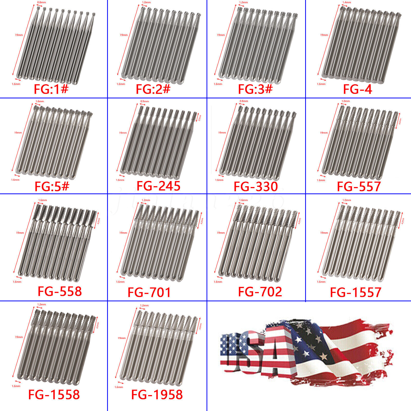 Dental Carbide Burs FG 330 245 1-5 701 Bur High Speed Pear Domed Taper Fissure