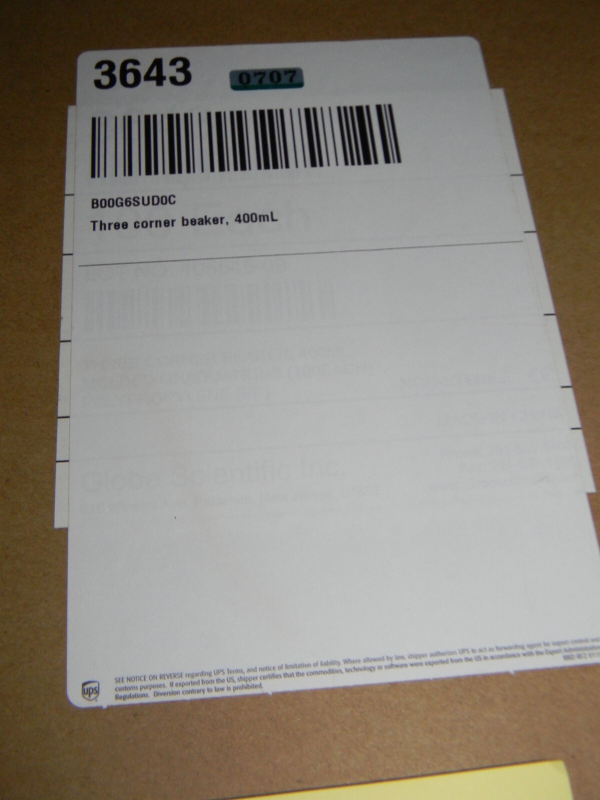Globe Scientific 3643 Polypropylene Tri-Corner Beaker Graduated 400ml Cap. (100)