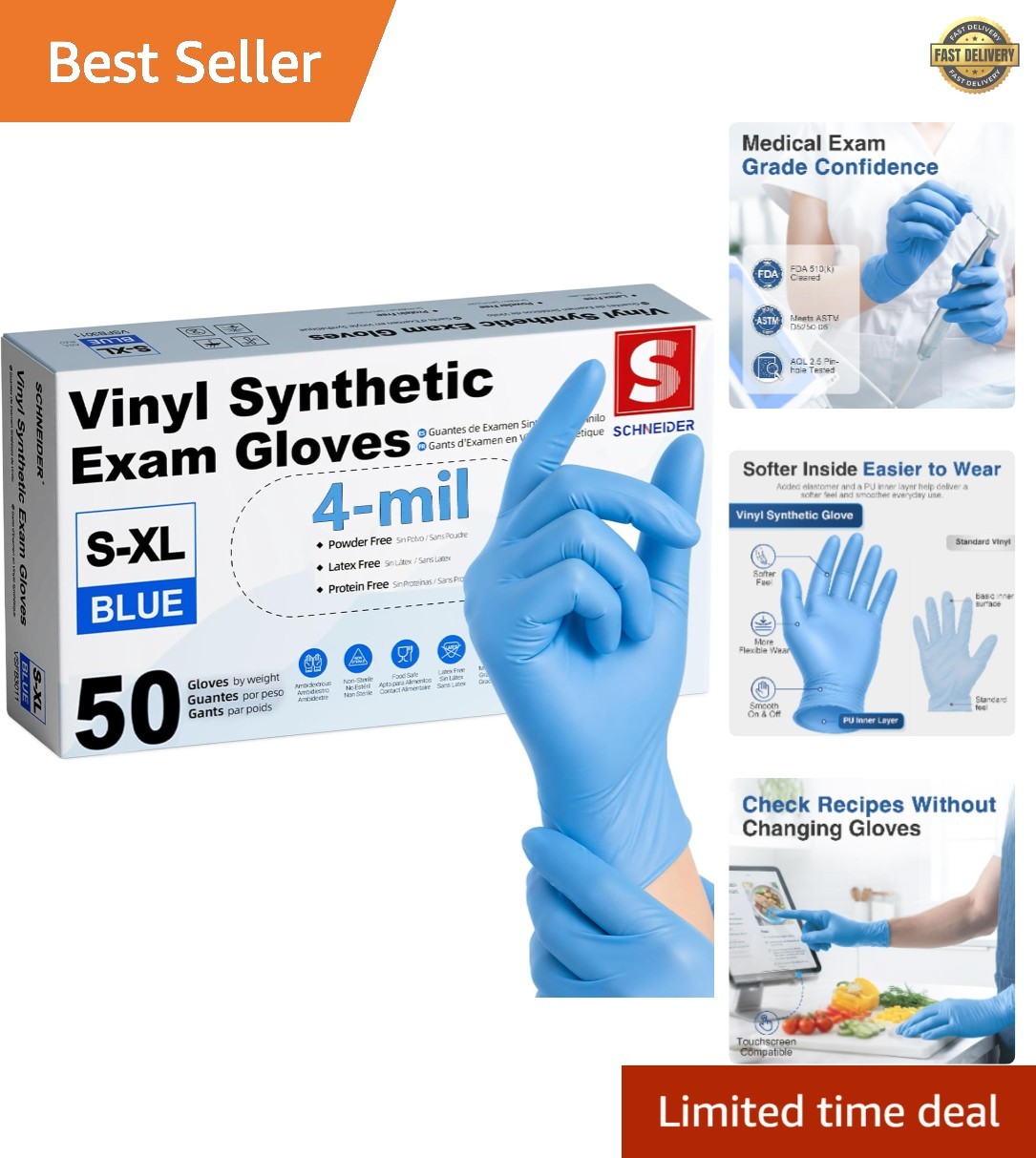 Vinyl Synthetic Exam Gloves, 4 Mil, Latex Free Disposable Gloves for Medical,…