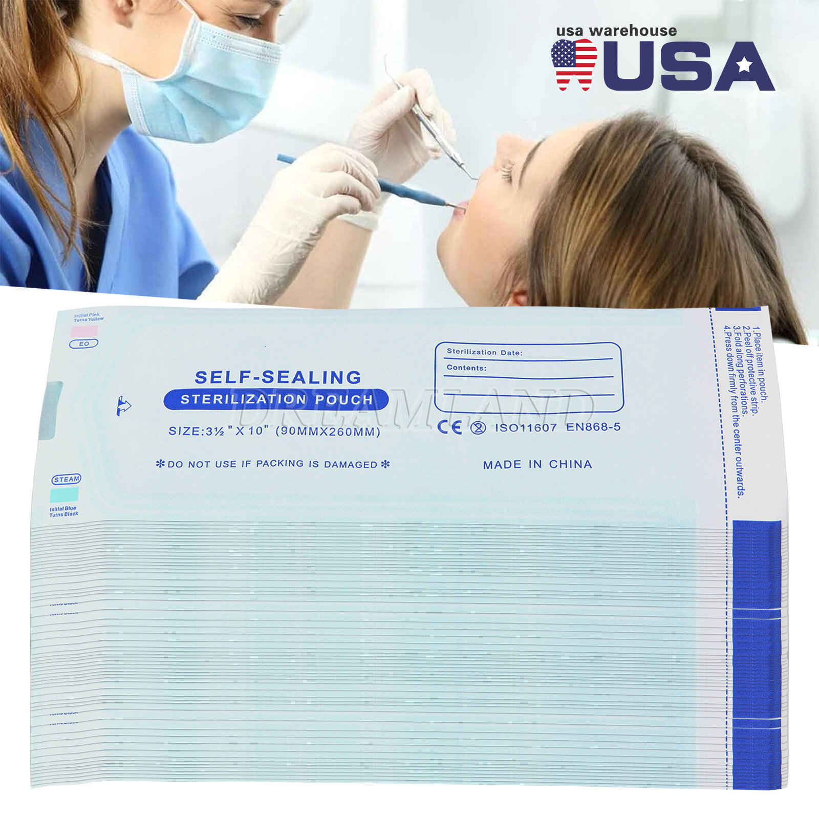 200PCS Self Seal Pouch Sterilization Bag Pouches Dental Medical 3.5″ x 10″
