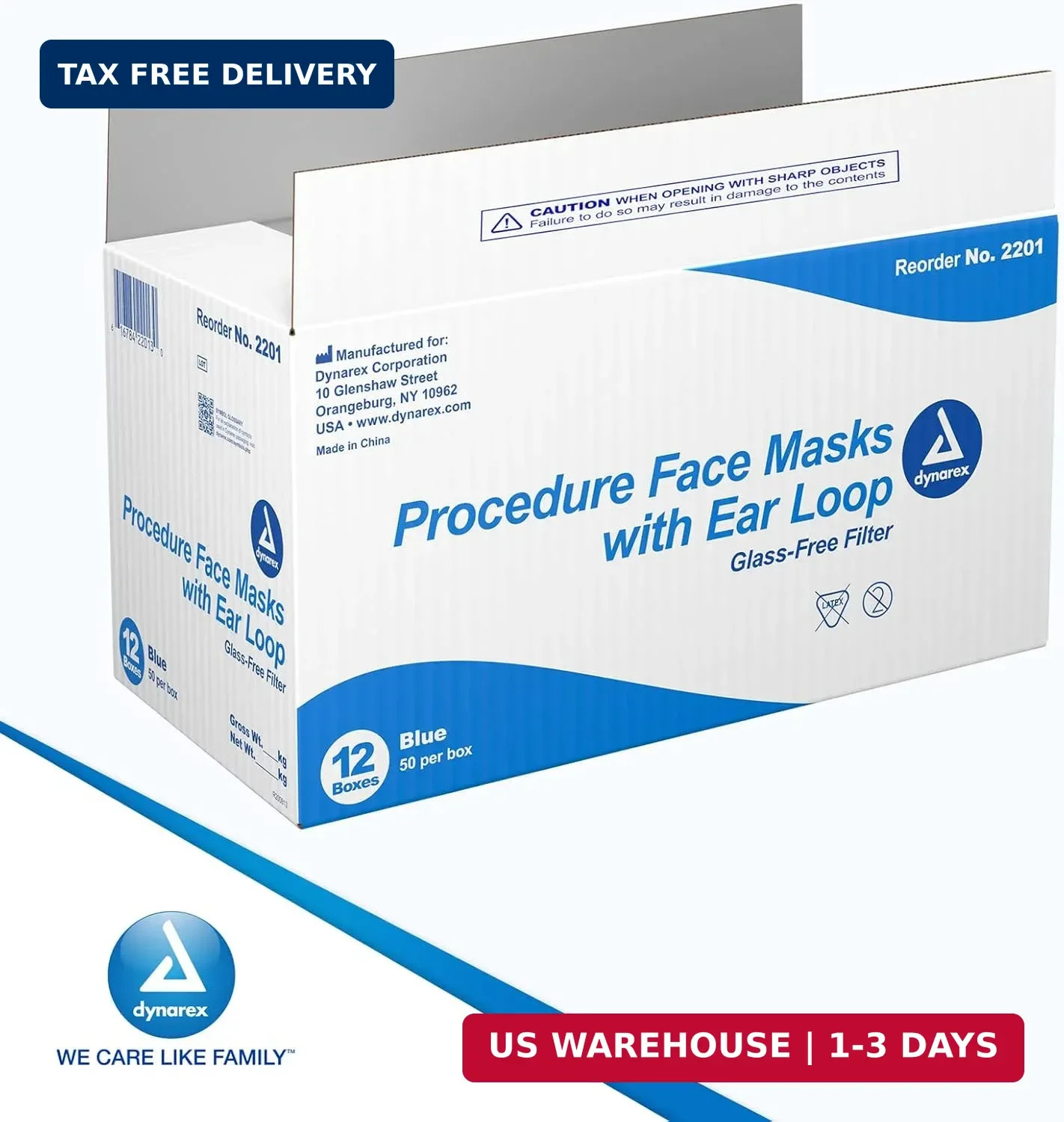 Dynarex Procedure Face Mask – with Ear Loop Blue 12/50/Cs