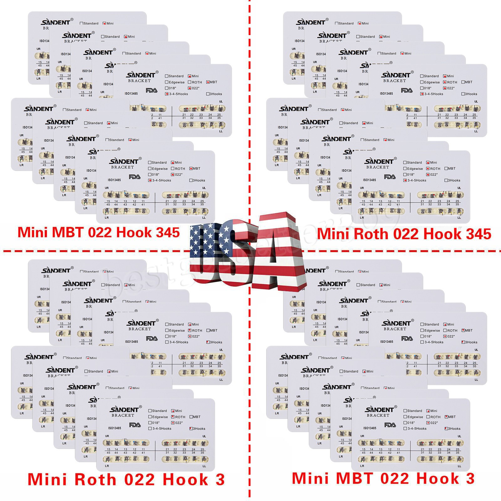 200pcs Dental Orthodontic Bracket Braces Roth/MBT 022″ Slot 3/345 hooks Metal