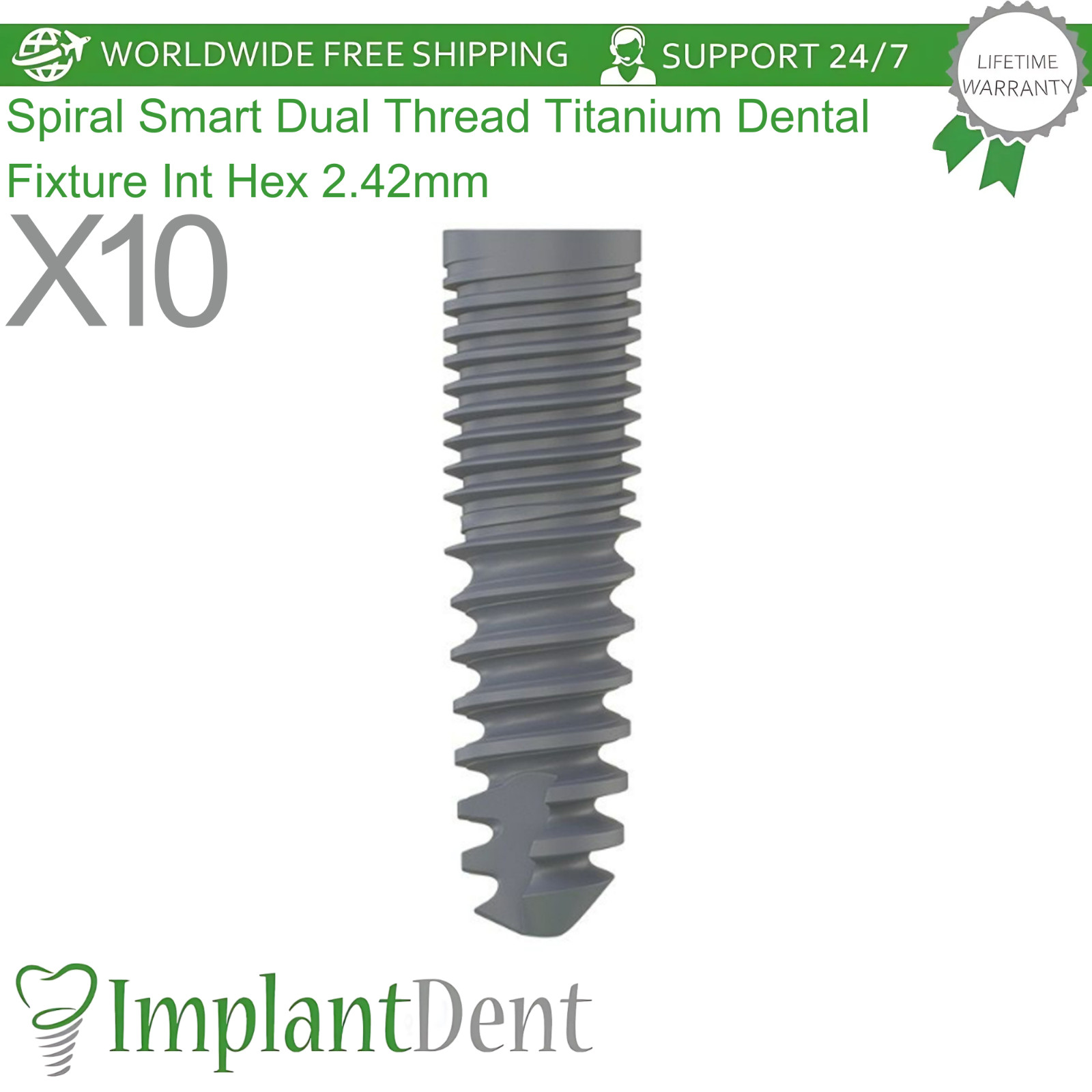 X10 Spiral Smart Dual Thread Titanium Dental Fixture Int Hex 2.42mm Connection