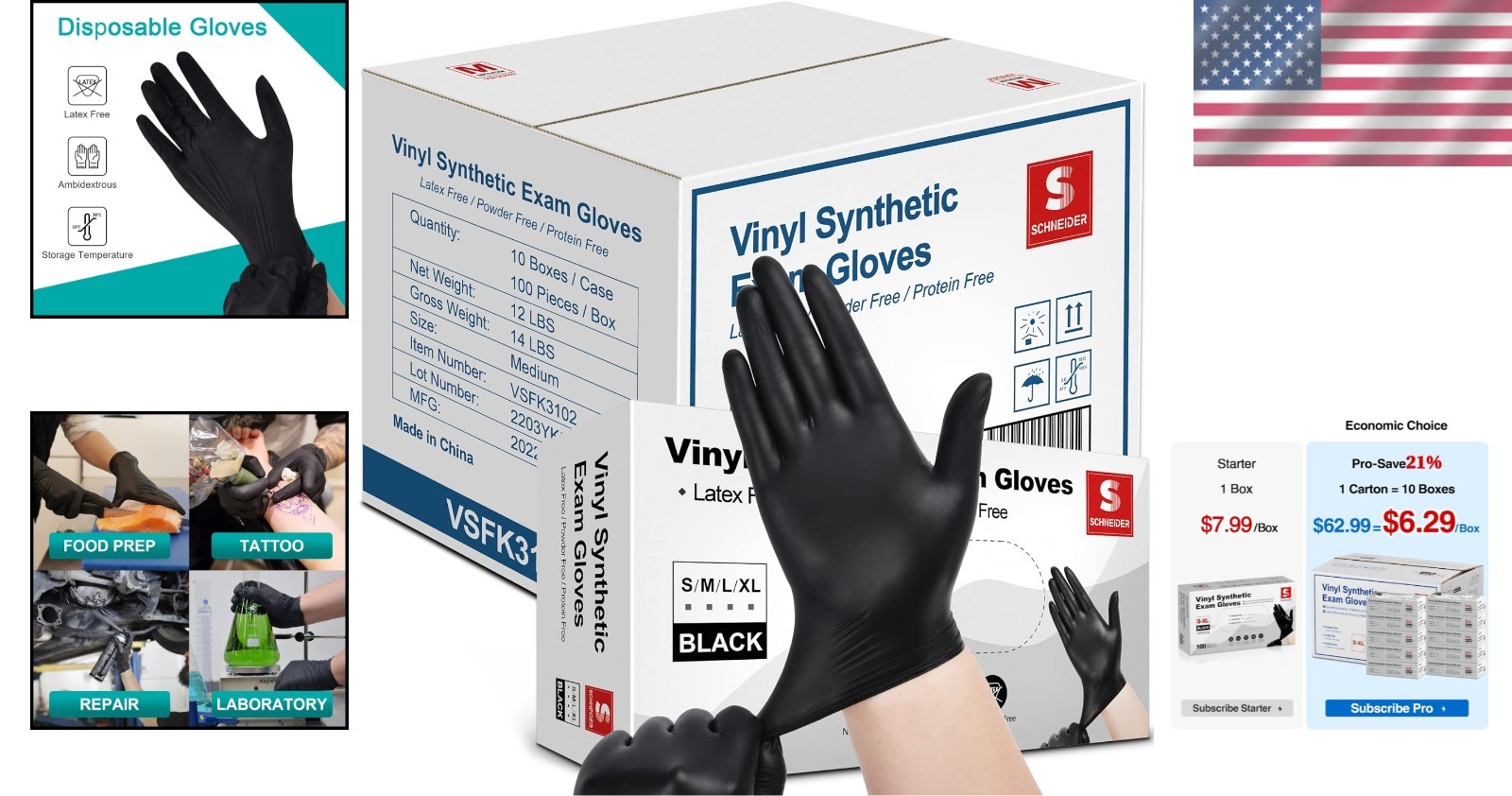 Disposable Vinyl Exam Gloves 4 Mil X-Large Black Latex-Free Food Medical