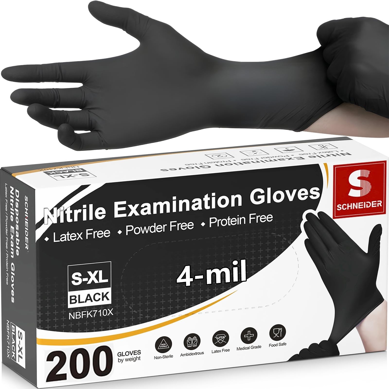 Disposable Nitrile Exam Gloves 4 Mil Black, Latex-Free, Powder-Free, Food Safe f