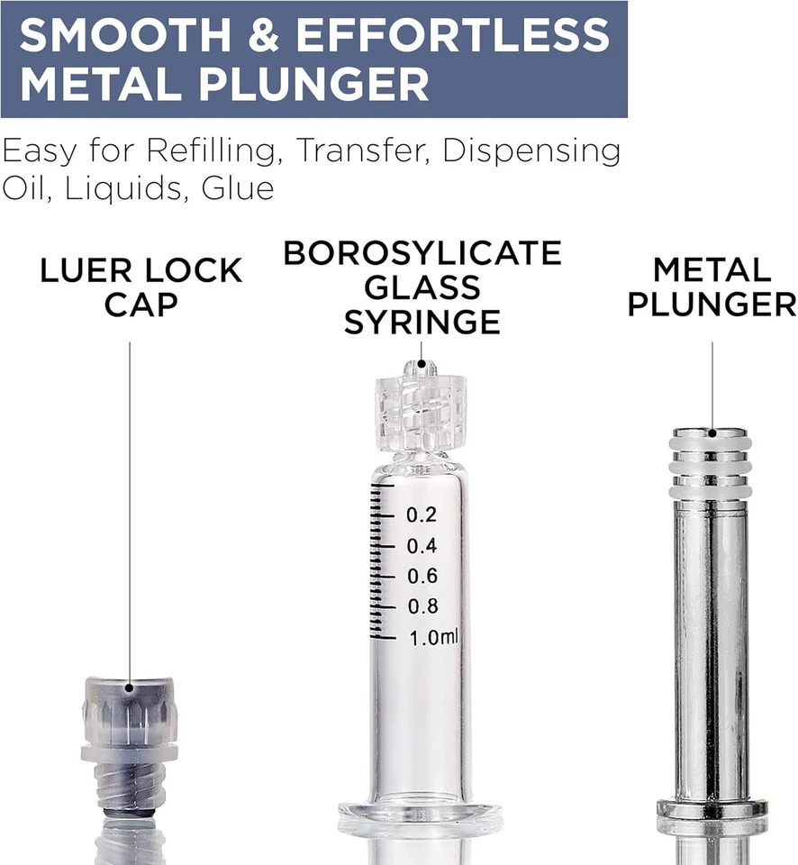 Premium 10/20pcs 1ml Borosilicate Metal Glass Syringe -Gold/Silver/Clear For Oil