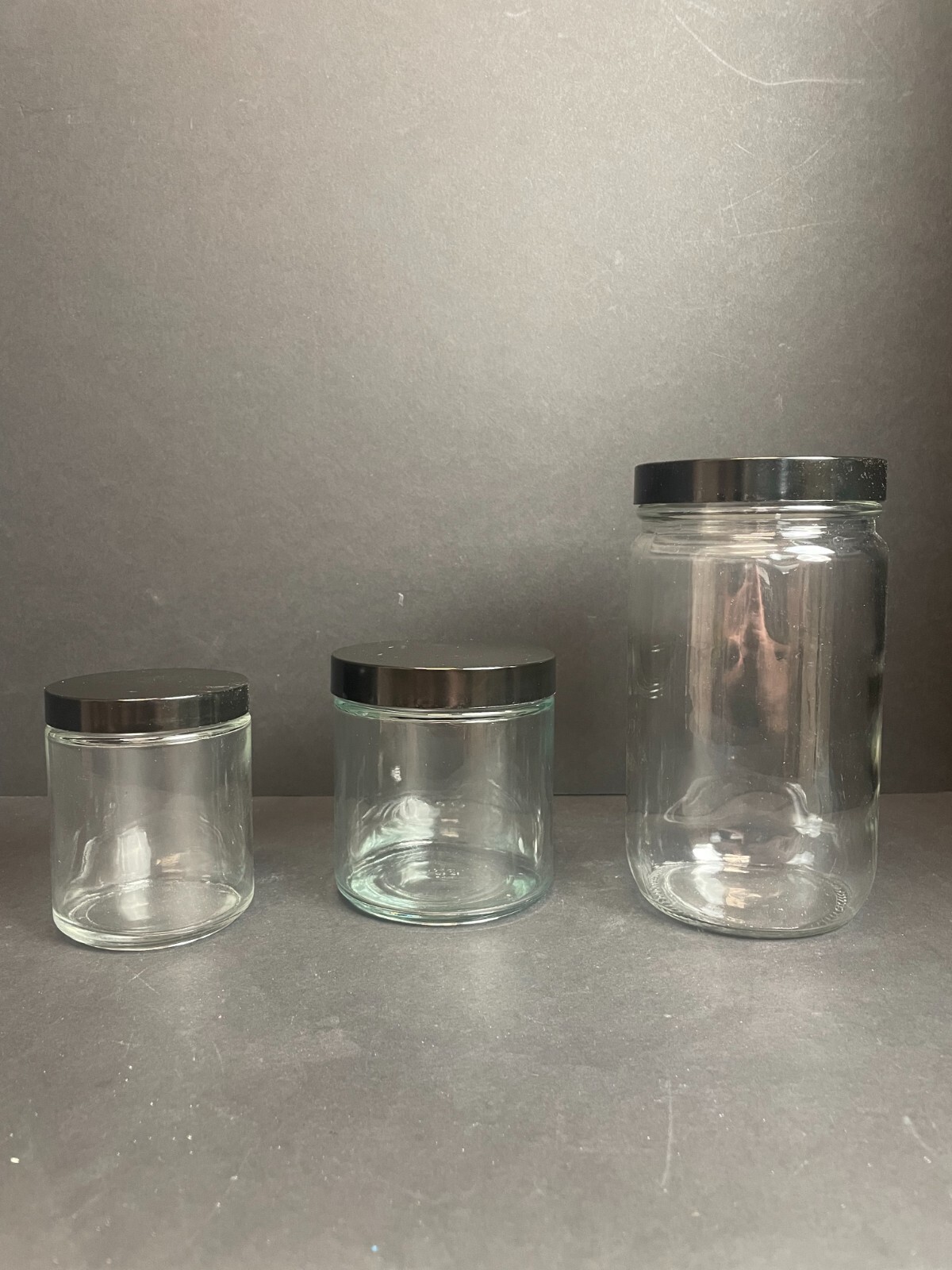 Glass Jar with Black Lid Wide Mouth Assorted Sizes 9 Jars