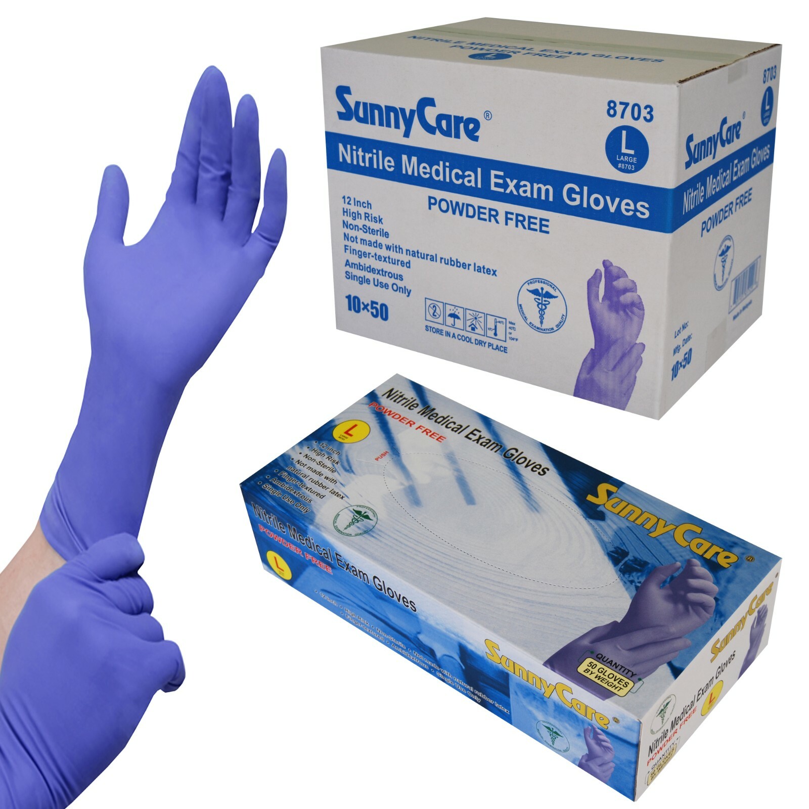 500pcs #8703 SunnyCare 12″ Nitrile Exam Glove High Risk Heavy Duty 8mil – Large