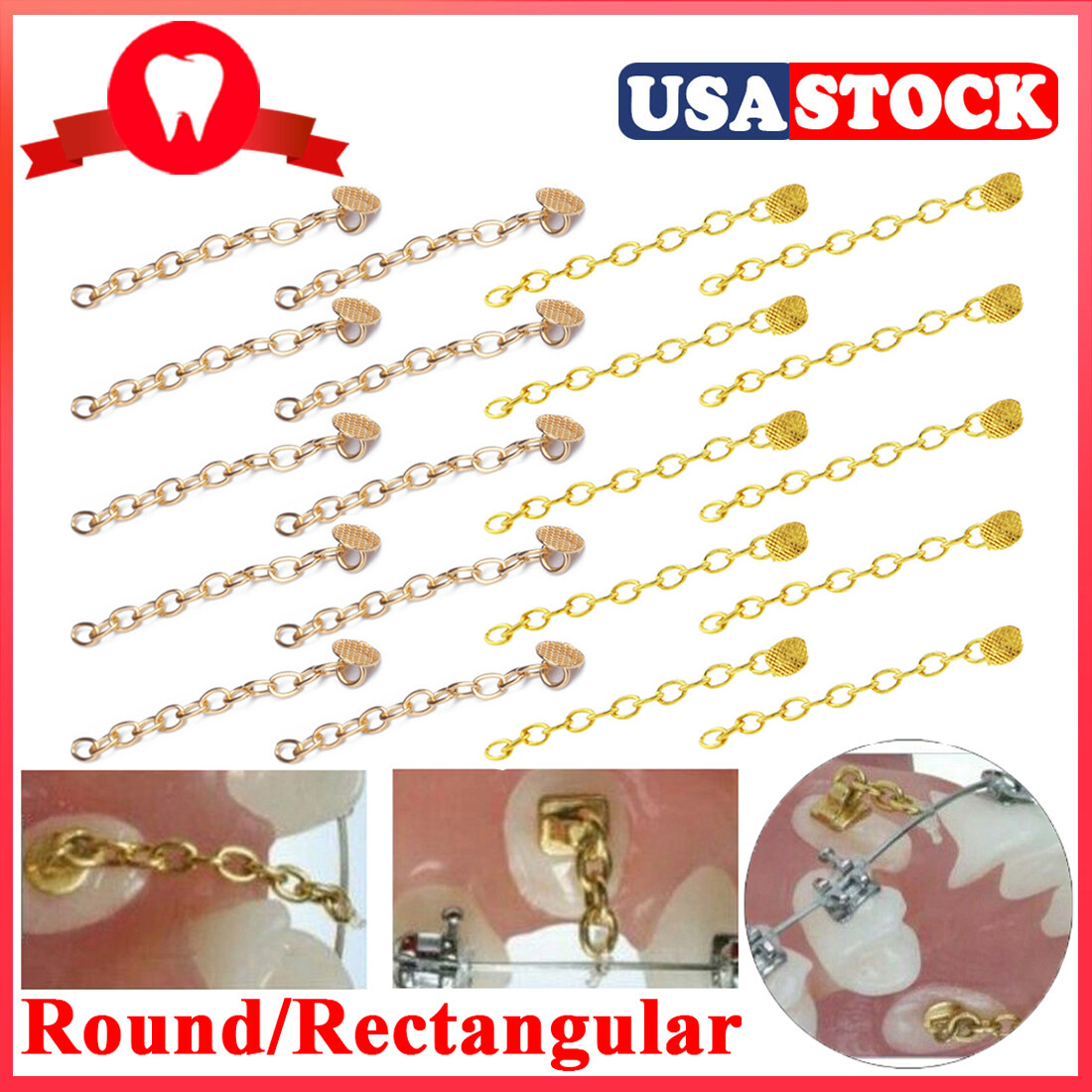 Ortho Gold Plated Traction Chain Round/Rectangle Mesh Base Lingual Buttons 10pcs