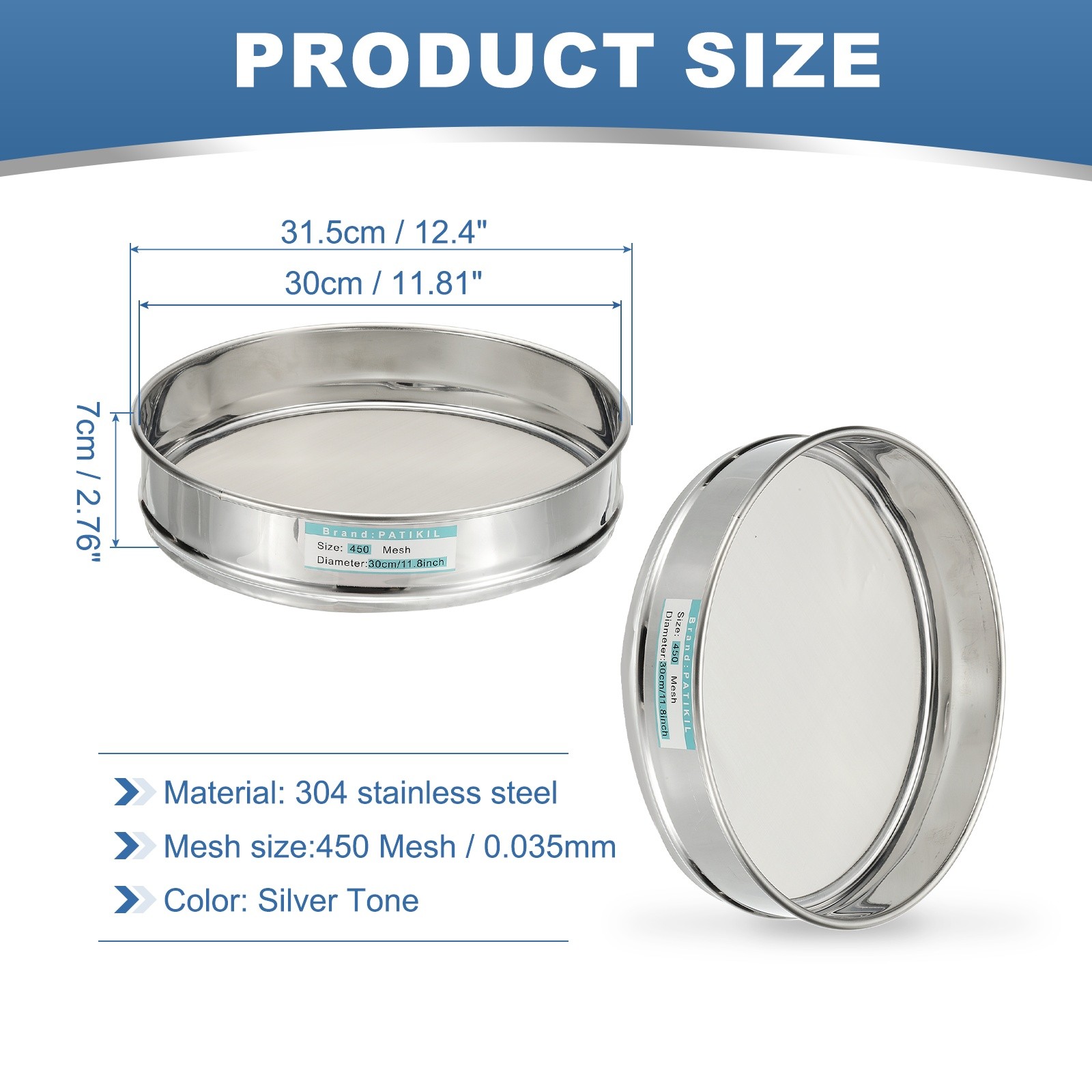 450 Mesh Lab Sieve, 11.8″ Diameter Test Sieve 304 Stainless Steel(0.035mm)