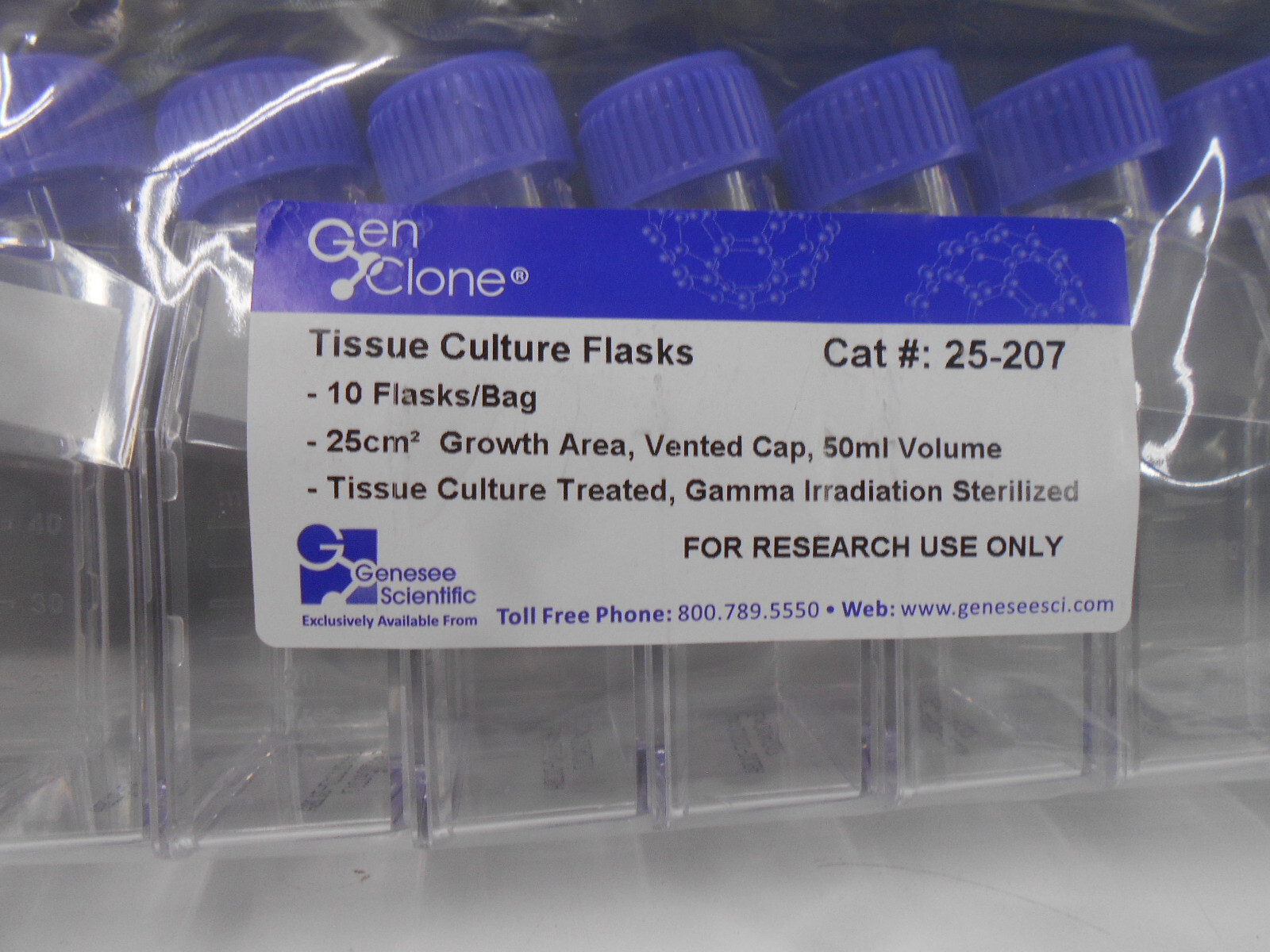Genesee Scientific GenClone Tissue Culture Flasks 25-207 Polystyrene 50ml 10/PKG