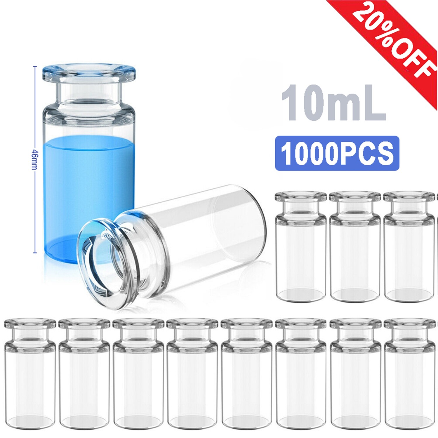 1000PCS Lab 10ml Clear Glass Headspace Vials 20mm Crimp Top Bevelled Flat Bottom