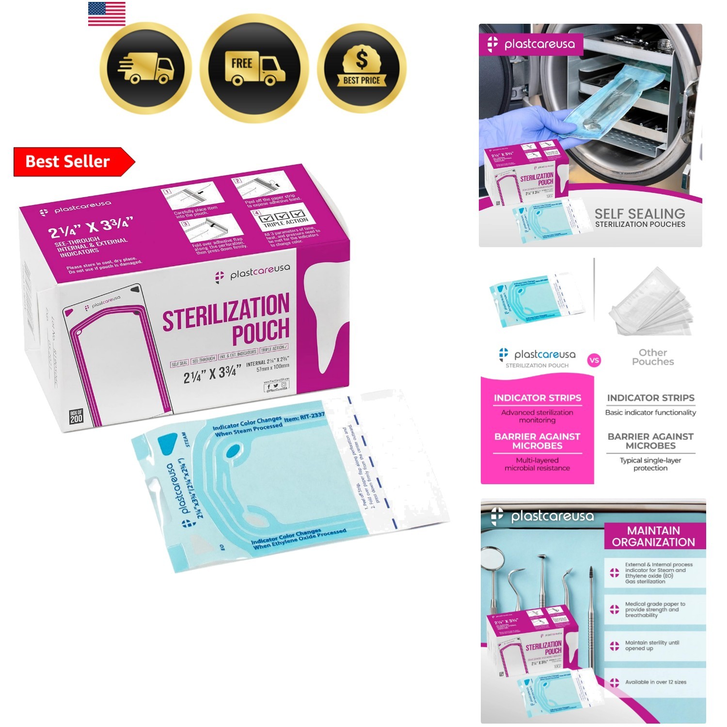 200 2.25 x 2.75 Inch Self Sealing Sterilization Autoclave Pouch Bags with Ind…