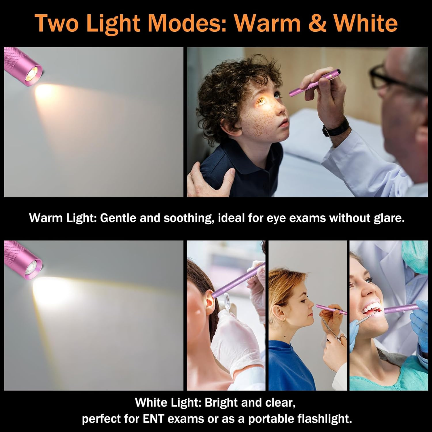 2-Pack Pen Light for Nurses – Medical Penlight with One-Button Switch, White & W