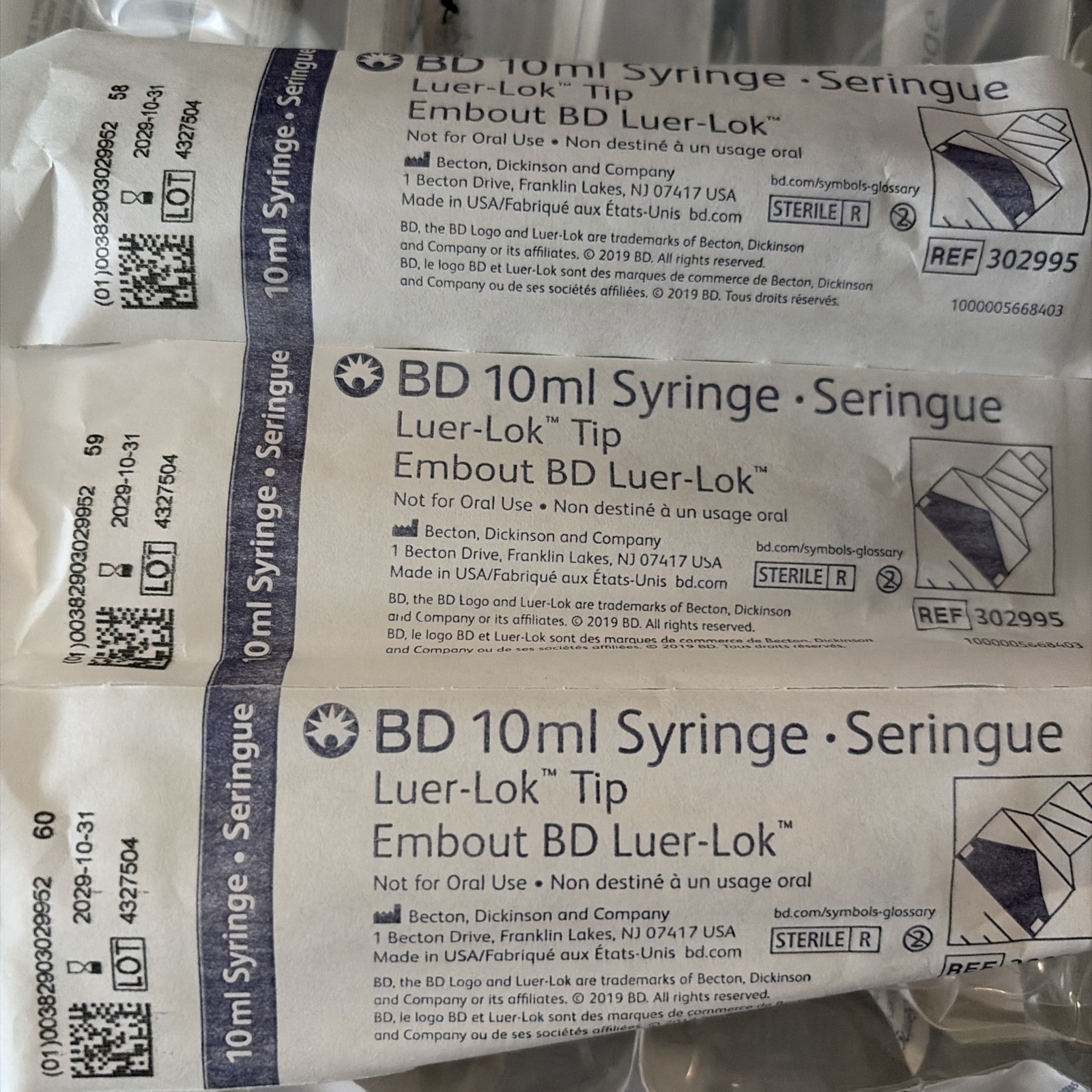 20 BD Luer-Lok Tip 302995 Syringe Single Use 10 mL Sterile Exp 10-2029