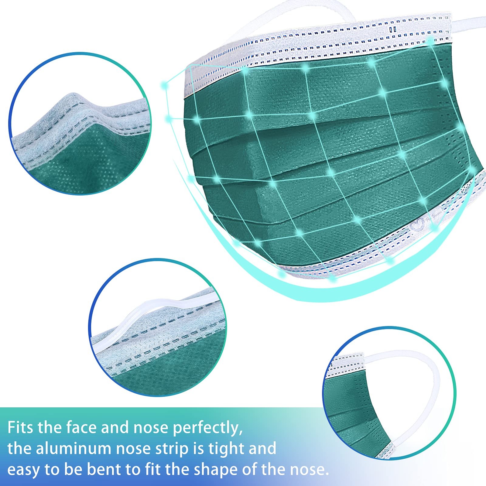 4 Ply Disposable Protective(50PCS), Elastic Earloops, Single Use- Green