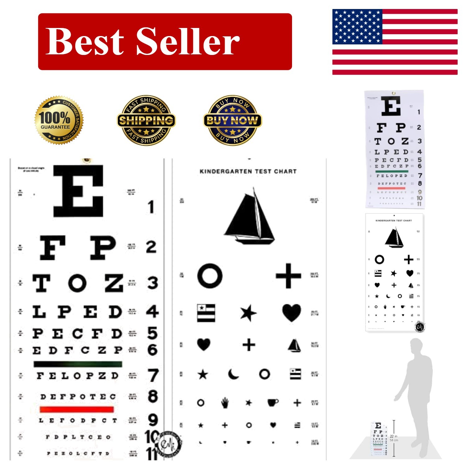 Snellen Eye and Kindergarten Eye Chart 20 Feet with Eye Occluder Combo Pack