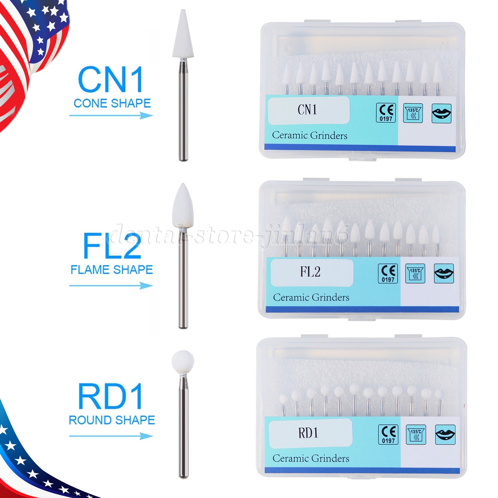 Dental White Stone Cone Porcelain Resin Oxide Handpieces Polishing CN1/FL2/RD1