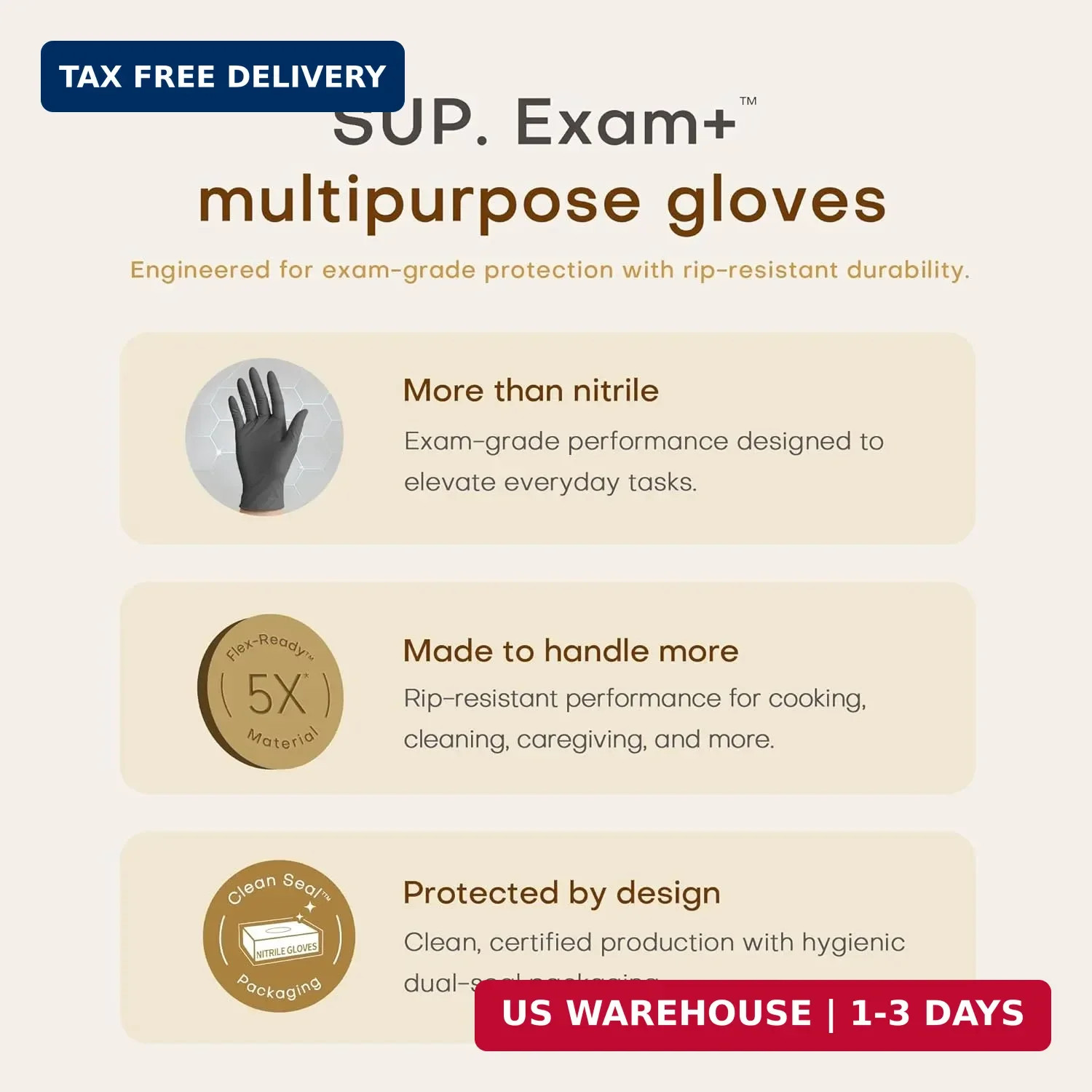 SUP Powder-Free Nitrile Exam Gloves, 100 Count, Food Safe Latex-Free Medical Non