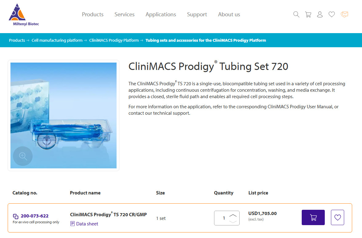 Miltenyi Biotec CliniMACS Prodigy TS 720 REF 200-073-622 EXP 2026-03-03