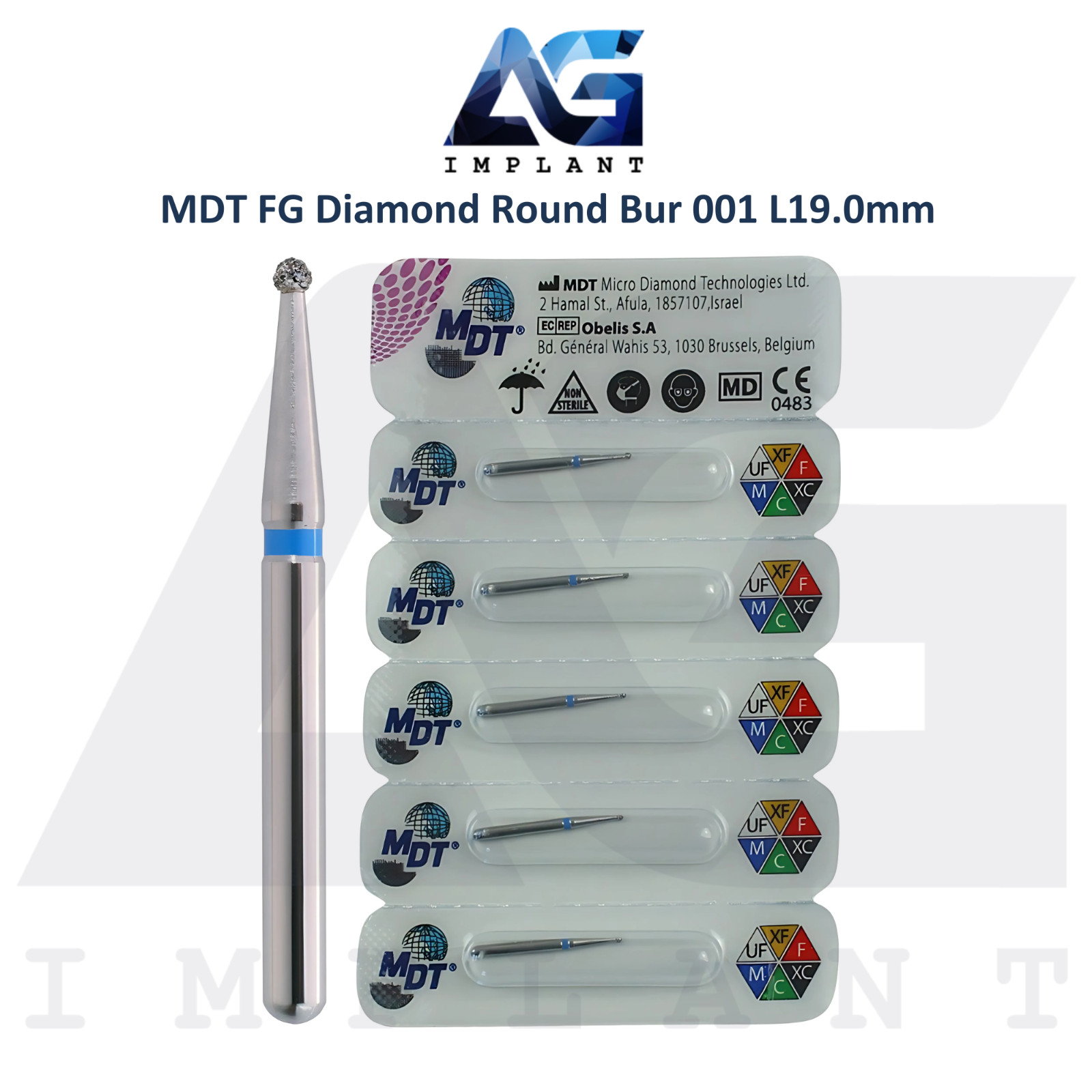 MDT Dental FG Diamond Coated Round Bur 001 L19.0mm Smooth Material Removal