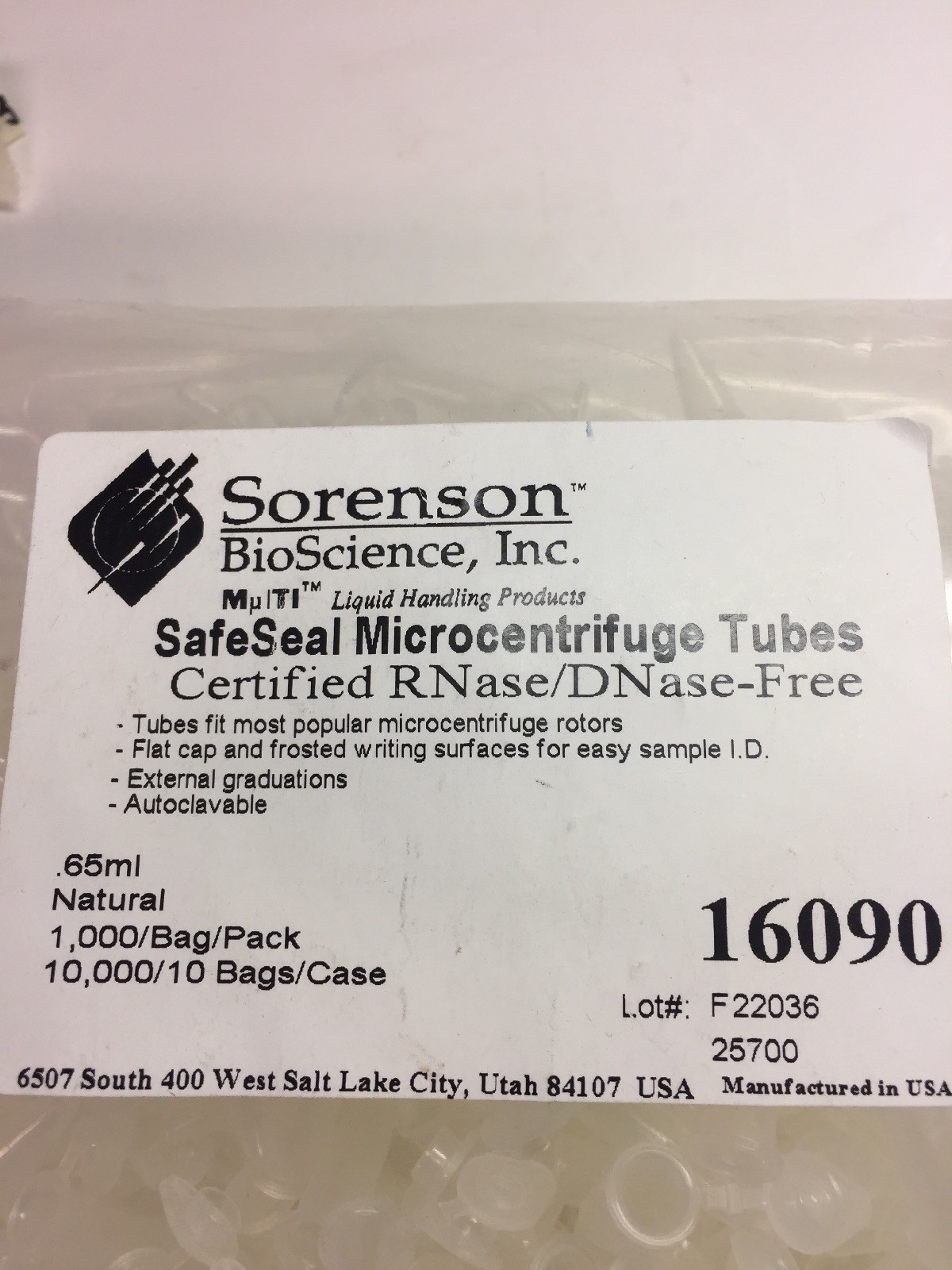 NEW SORENSON BIOSCIENCE INC 16090 SAFE SEAL MICROCENTRIFUGE TUBES.65ML 1000 Qty.