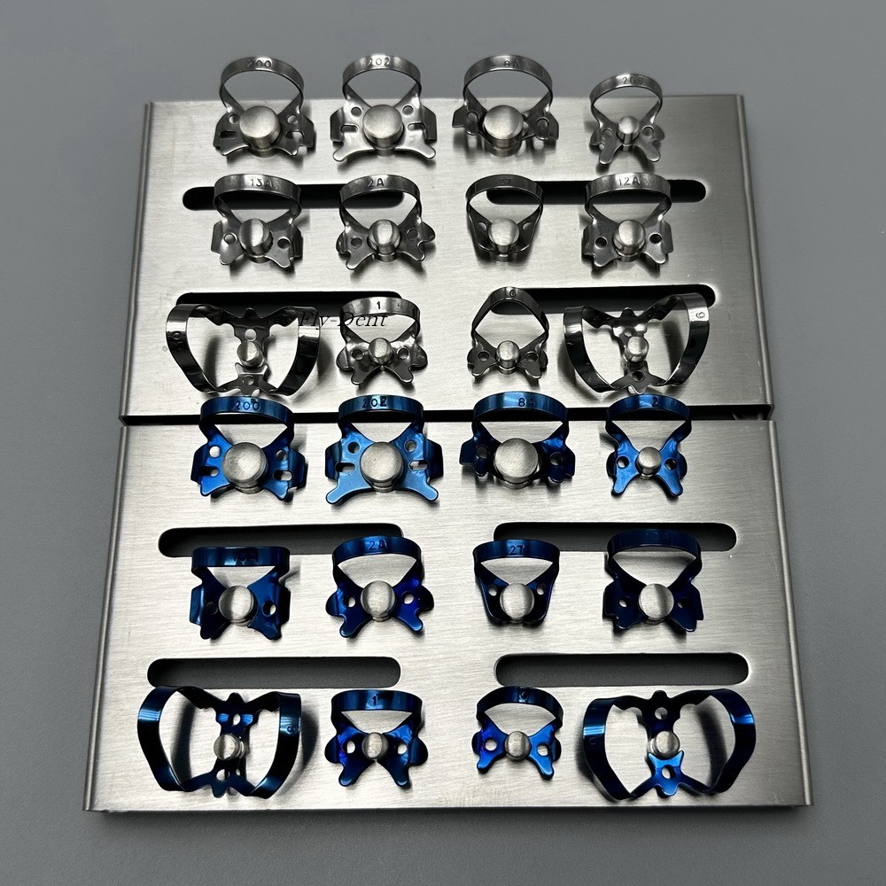 Dental Surgical Rubber Dam Clamp Blue/Sliver Instruments Endo With Tray Holder