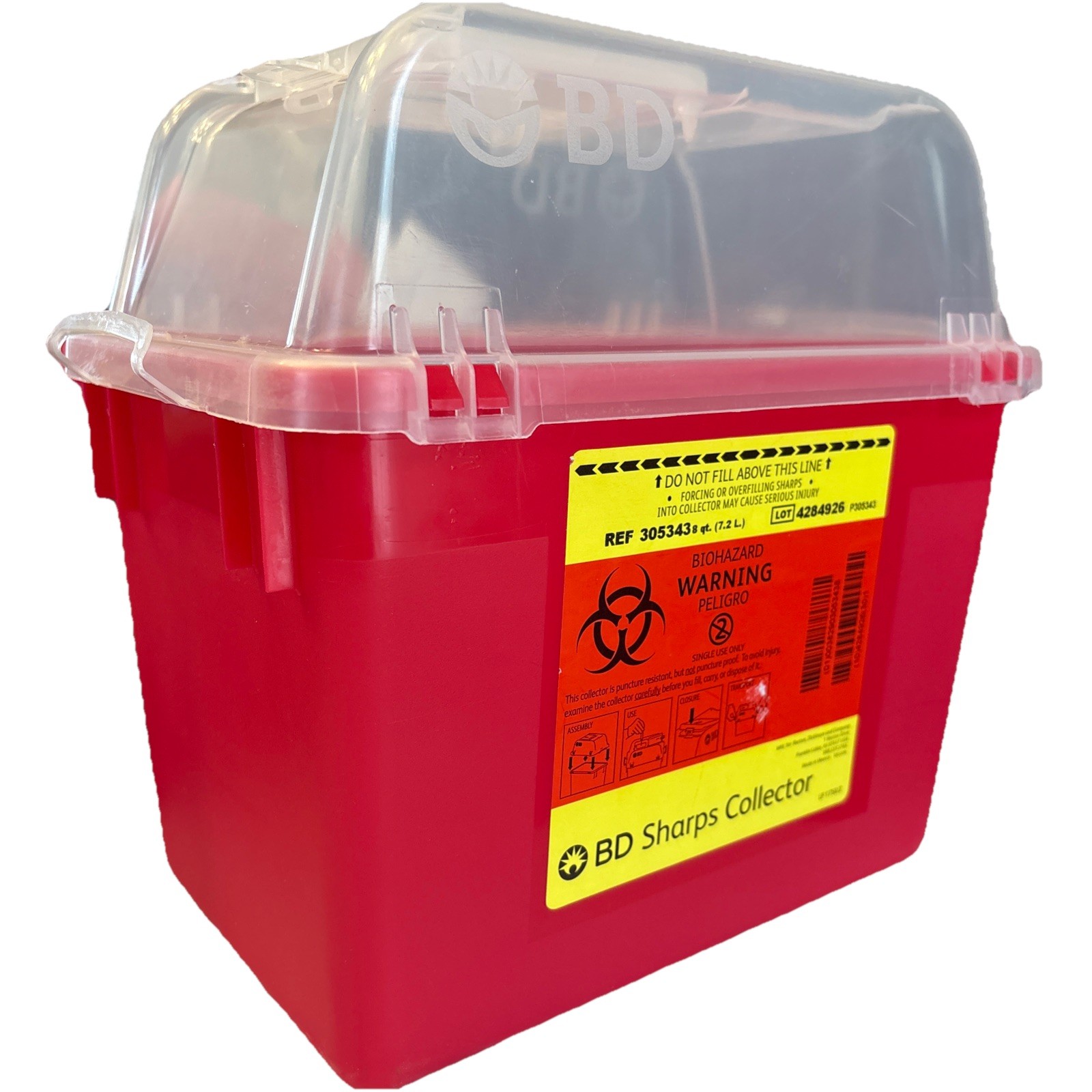 BD Sharps Collector 8 Qt. Ref. 305343 Vertical Entry Nestable Handles. Red. New