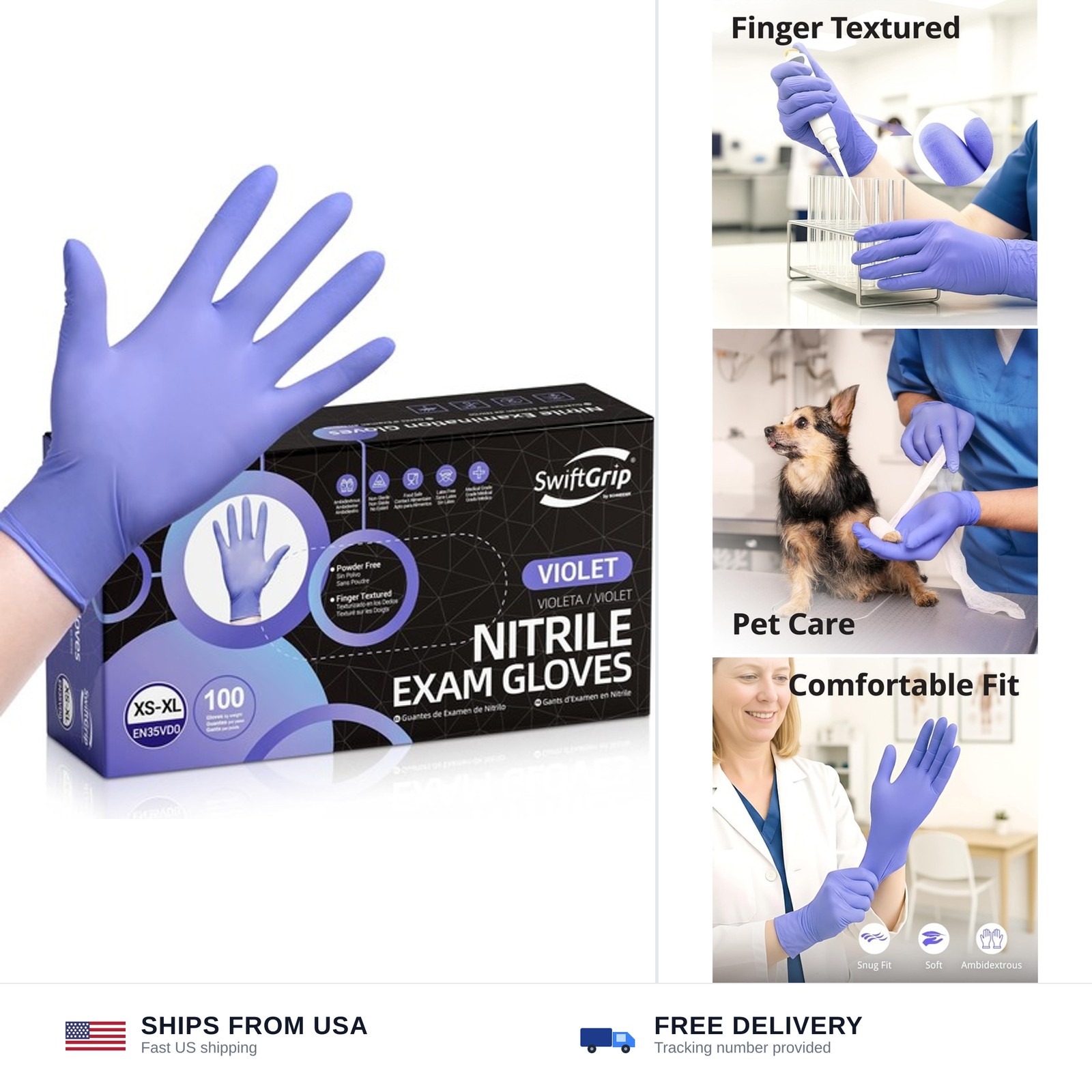 SwiftGrip Disposable Nitrile Exam Gloves, 3mil, Large, Box of 100, Violet Nit…