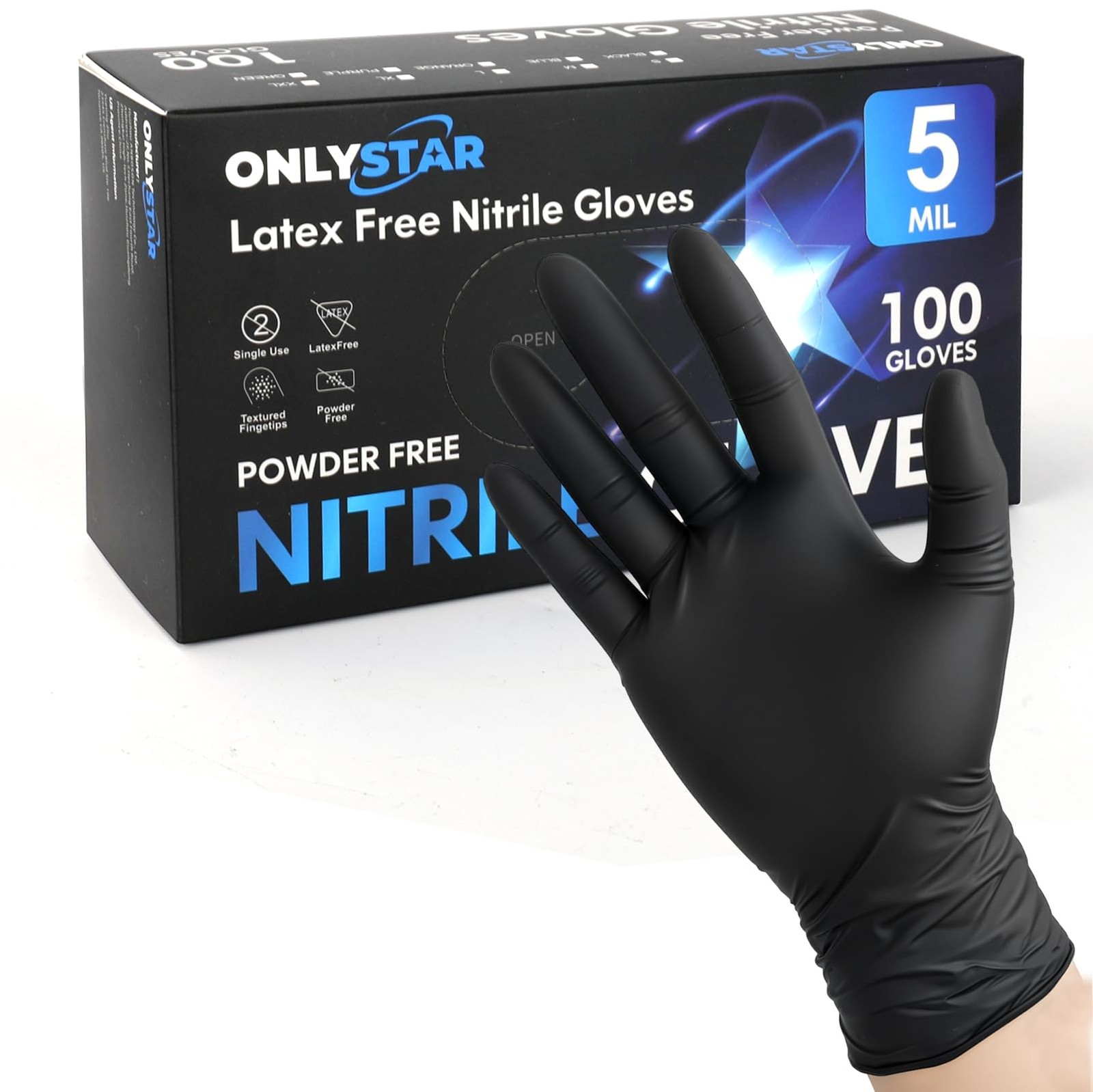 ONLYSTAR Nitrile Gloves, 100 Ct, Medium, Black, Food & Medical Grade
