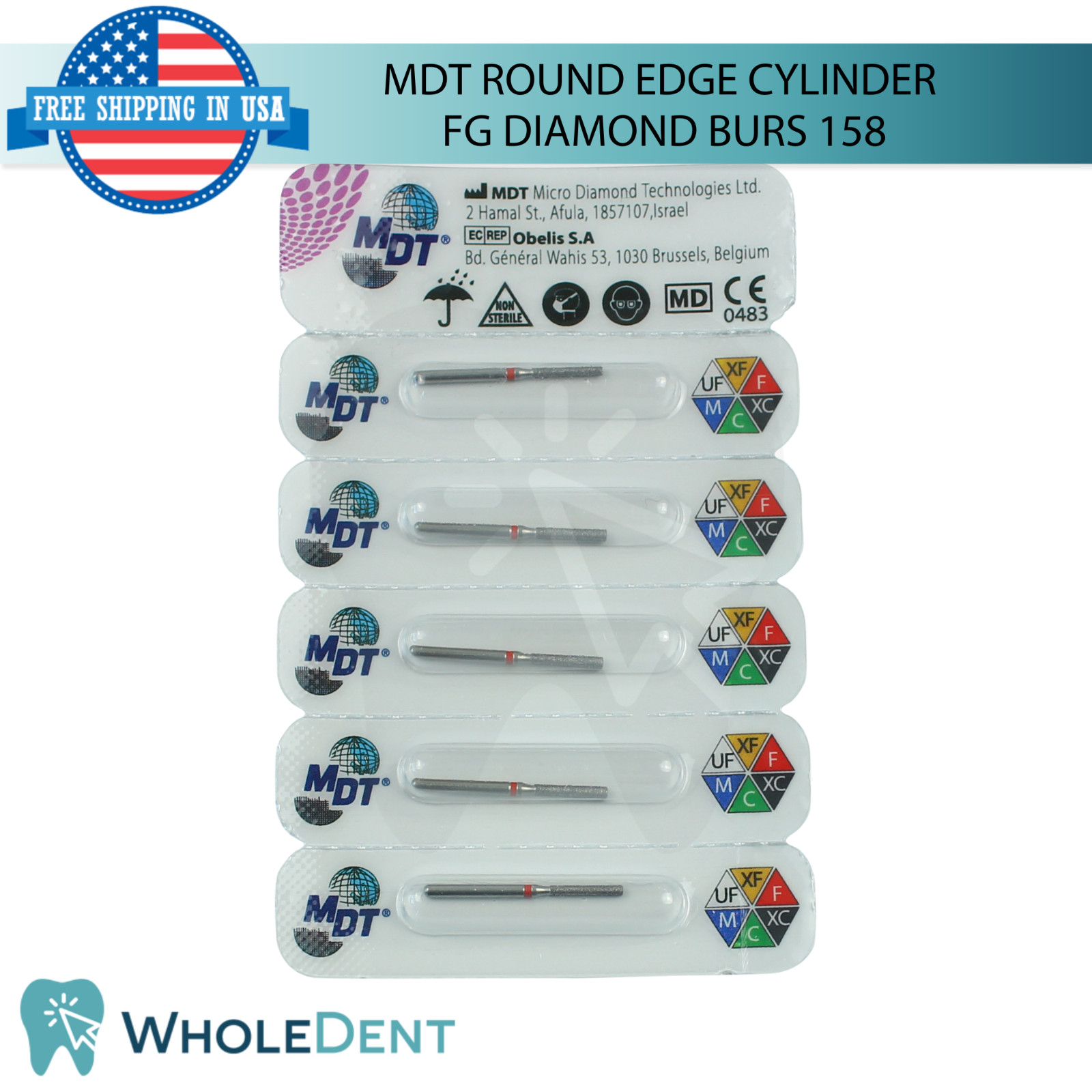 Dental MDT Round Edge Cylinder 158 FG Diamond Burs Contouring Surfaces L22.0mm