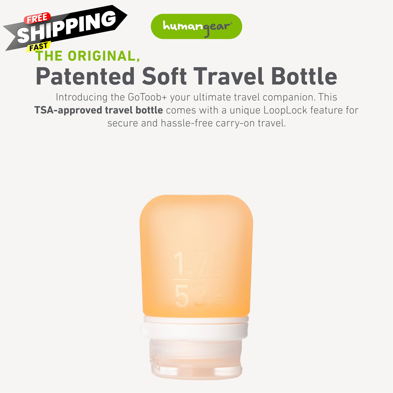 humangear GoToob+ (Small) | Refillable Silicone Travel 1.7 Ounces, Orange