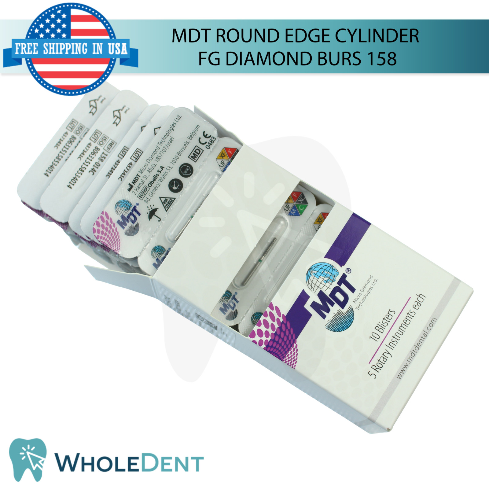 Dental MDT Round Edge Cylinder 158 FG Diamond Burs Contouring Surfaces L22.0mm