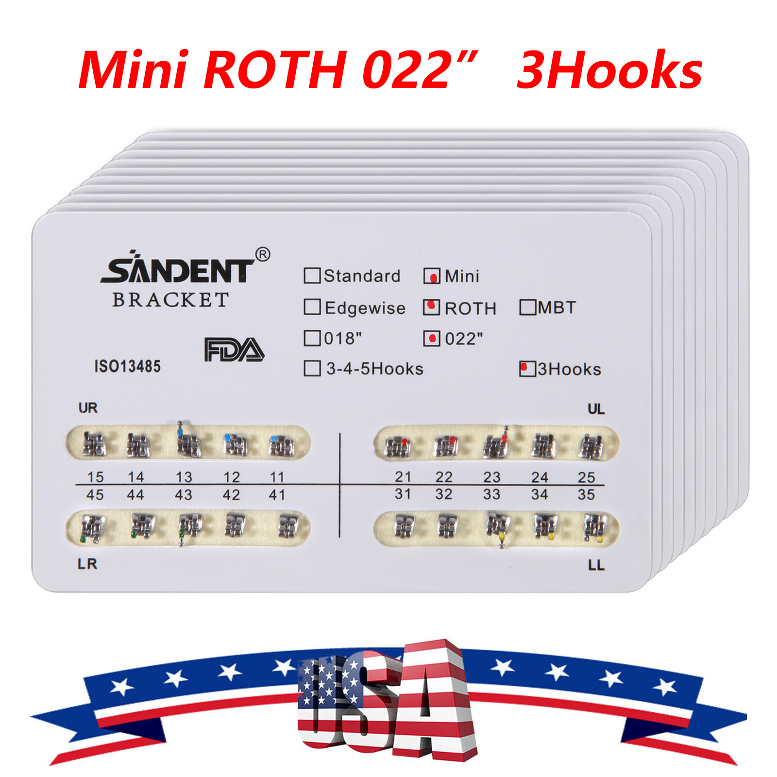 10 packs USA Dental Orthodontic Metal Bracket Braces Mini Roth 022 Slot 3 Hooks