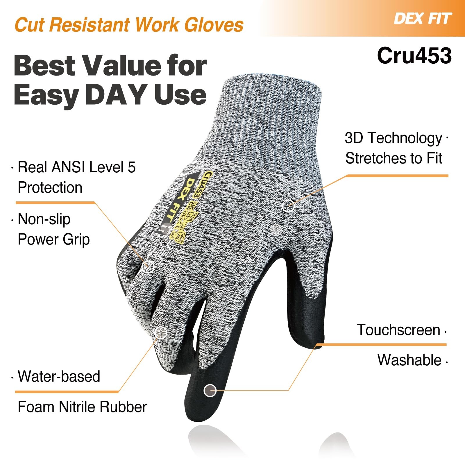 Dex Fit Cut Resistant Gloves Cru453 – Ansi A5 3D Comfort Fit Power Grip Thin