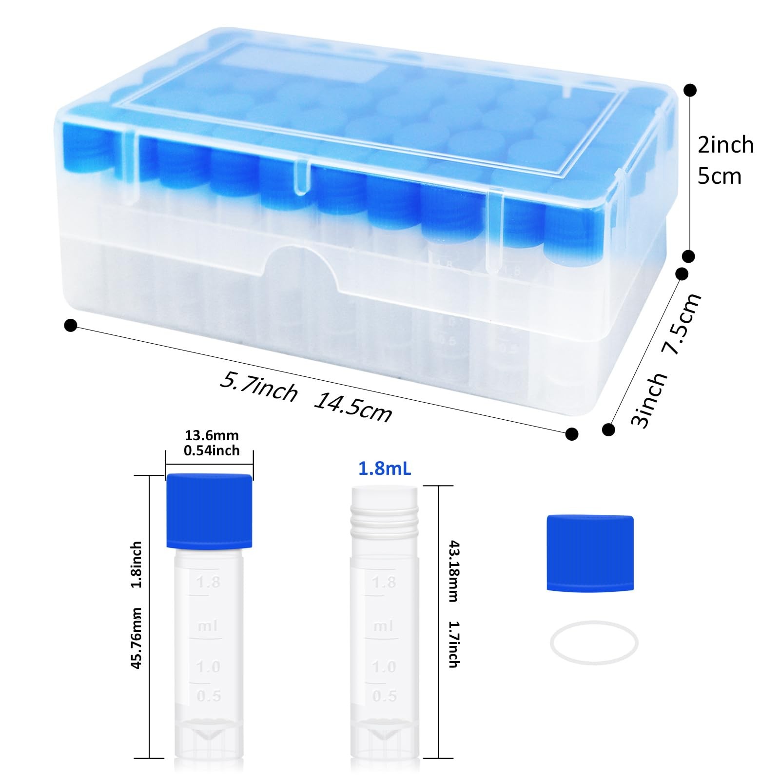 50 PCS 2ml Small Plastic Cryogenic Sample Vials Leak Proof Caps SelfStand