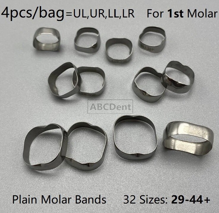 1 set=4pcs Dental Orthodontic 1st Molar Bands Plain Molar Band Size #29-44+